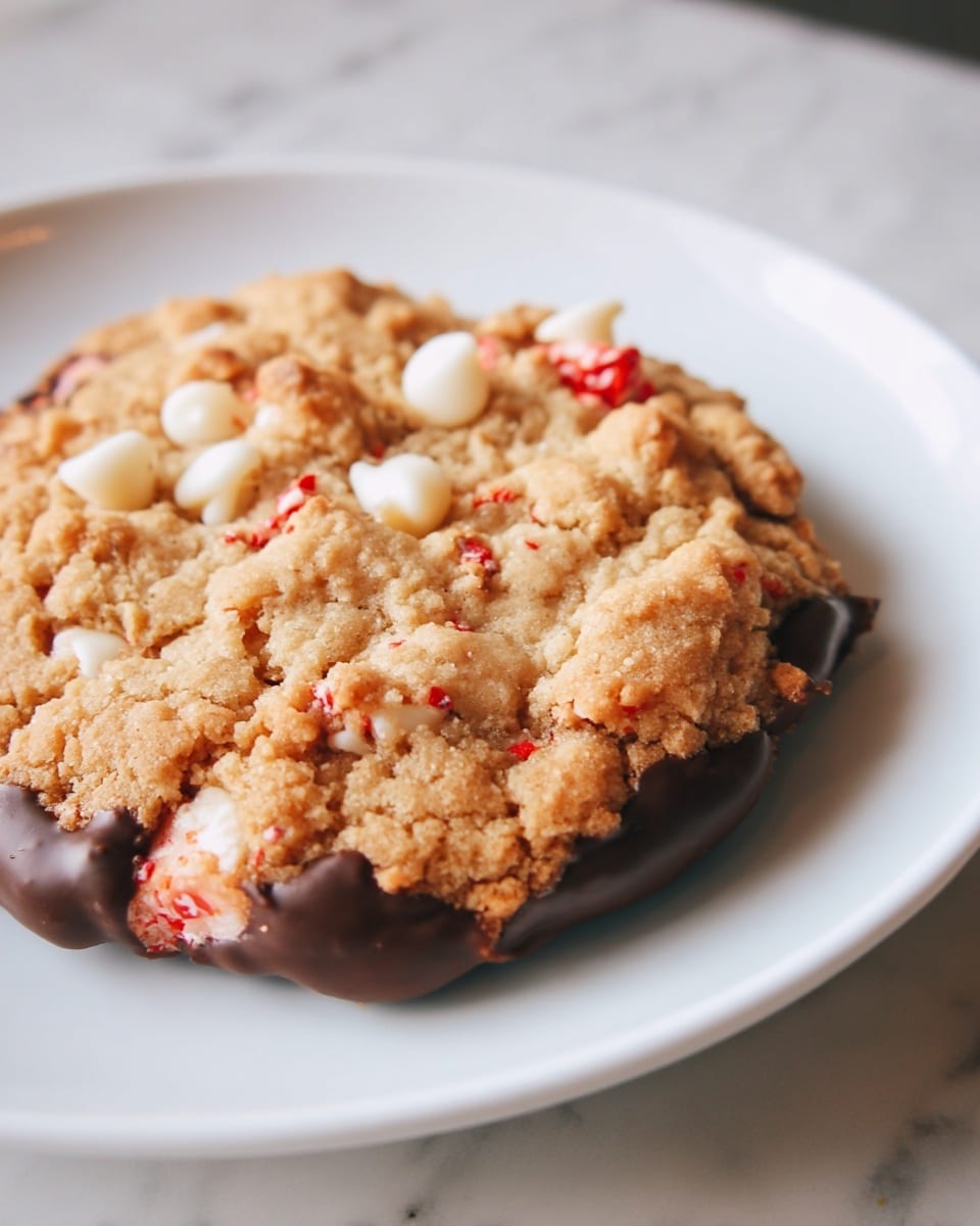 A large cookie rests on a white plate with a rough, crumbly light brown top layer mixed with small white chips and bits of red candy pieces inside. The bottom edge of the cookie is dipped in dark brown chocolate, adding a smooth glossy finish that contrasts with the cookie’s cracked texture above. The white plate sits on a white marbled surface, highlighting the warm colors of the cookie. photo taken with an iphone --ar 4:5 --v 7