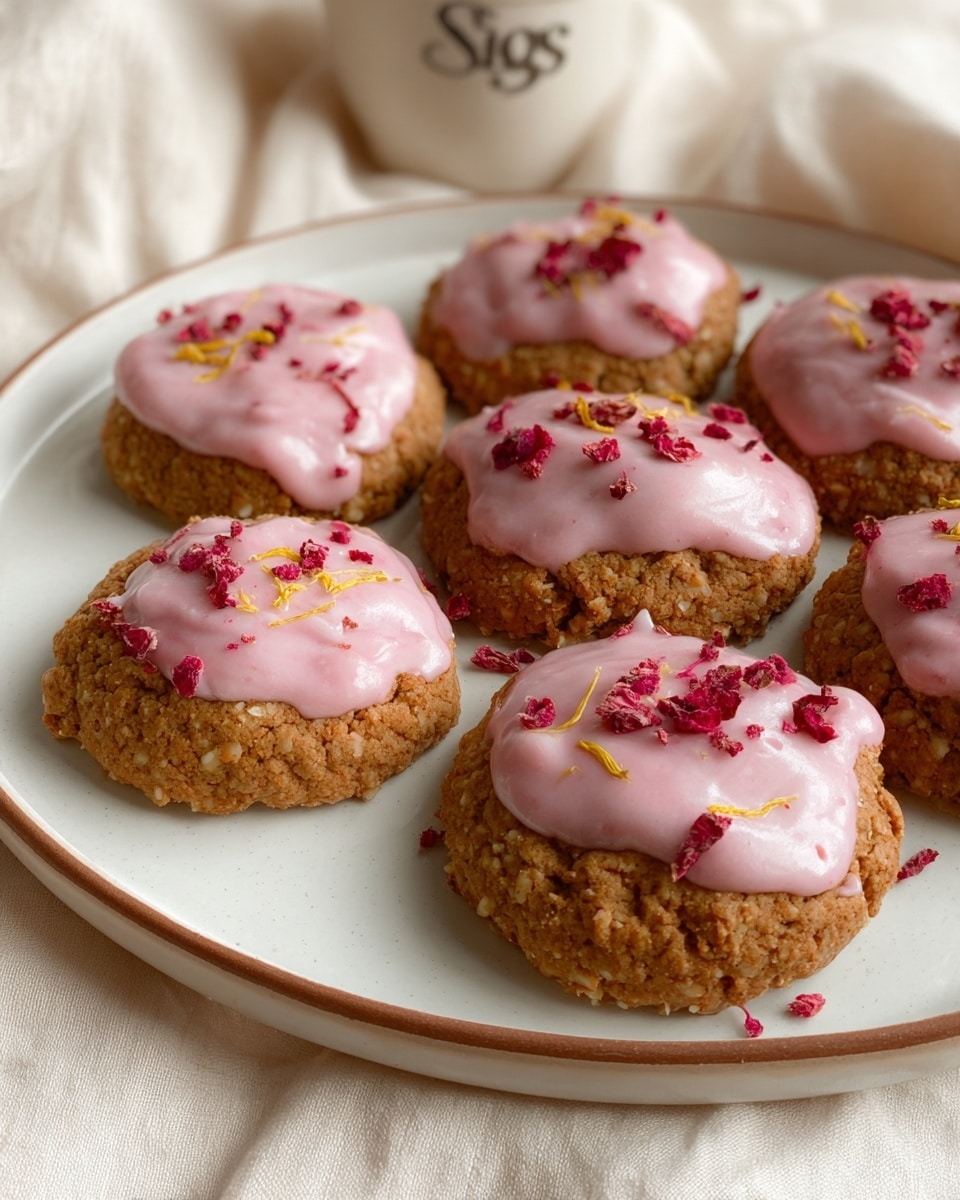 Seven cookies are placed on a white plate with a thin brown edge, all arranged close together. Each cookie has two layers: the bottom layer is a rough-textured, light brown biscuit with a crumbly surface, and the top layer is a thick, shiny pink icing that is spread unevenly over each cookie. On top of the icing, small red berry pieces and tiny yellow zest strands are sprinkled, adding color contrast and texture. The plate sits on a soft cream fabric, and the whole scene is softly lit. Photo taken with an iphone --ar 4:5 --v 7