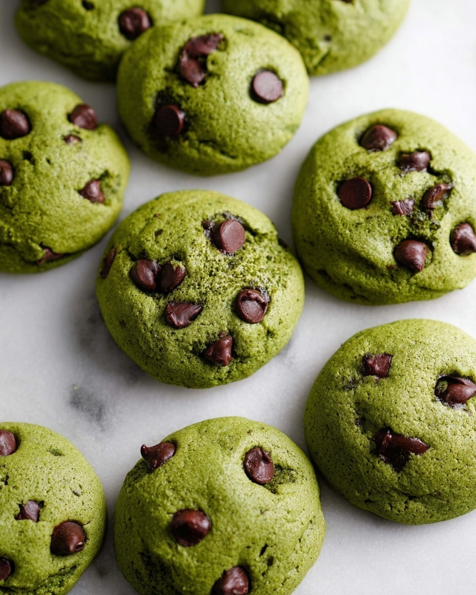 Several round green cookies with chocolate chips scattered on a white marbled surface. Each cookie has a soft, slightly puffy texture, with the chocolate chips embedded and partially melted on the top. The color of the cookies is a bright matcha green, uniformly covering the surface, while the chocolate chips add small dark brown spots. The cookies are arranged close to each other in a loose cluster, showing some variation in size and shape. Photo taken with an iphone --ar 4:5 --v 7