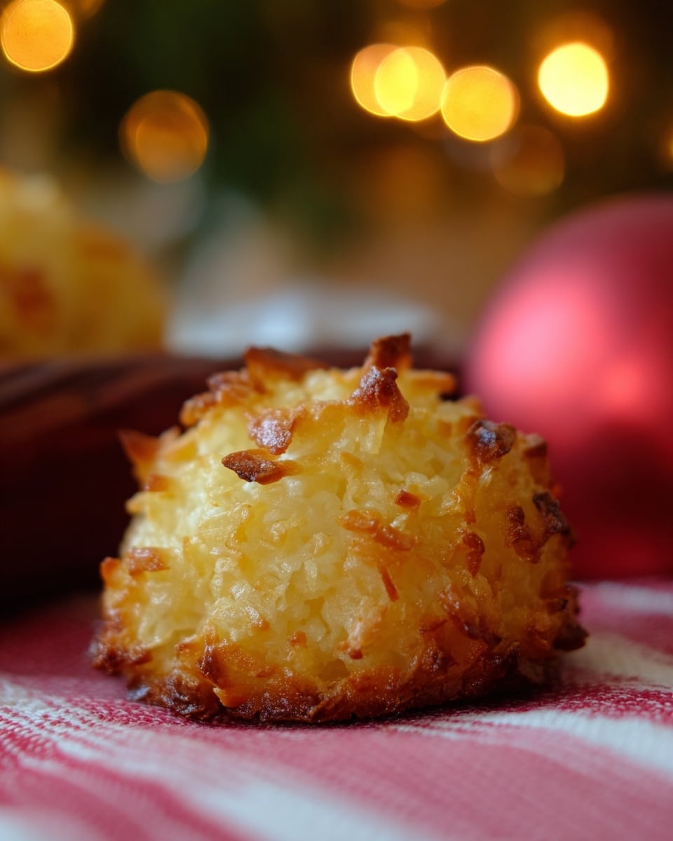 The image shows a close-up of a golden brown, toasted coconut macaroon with a rough, textured surface made up of small, crispy coconut pieces baked together. The macaroon has an irregular, round shape with slightly darker toasted edges that contrast with the lighter yellow interior. It rests on a red and white striped cloth, with a soft blurred background featuring warm festive lighting. photo taken with an iphone --ar 4:5 --v 7