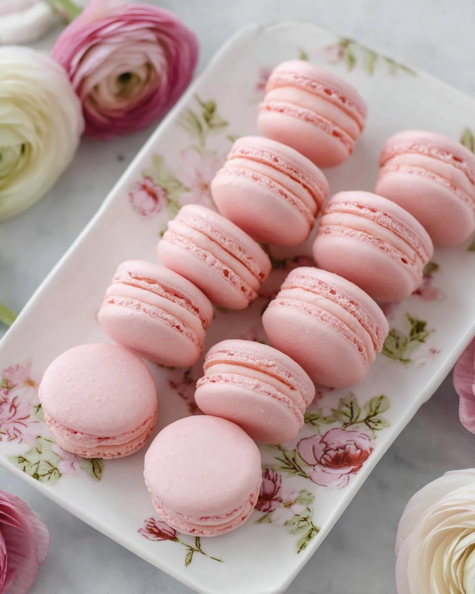 A white rectangular plate with a floral pattern holds twelve light pink macarons. Each macaron has two smooth, rounded shells with a thin, ruffled edge and a slightly darker pink creamy filling in the middle, making up two layers. The macarons are arranged close together, some standing upright, others lying flat. Around the plate, there are soft pink and white ranunculus flowers, with delicate petals adding a gentle touch to the scene. The setting is on a white marbled surface that adds a clean and elegant feel. Photo taken with an iphone --ar 4:5 --v 7