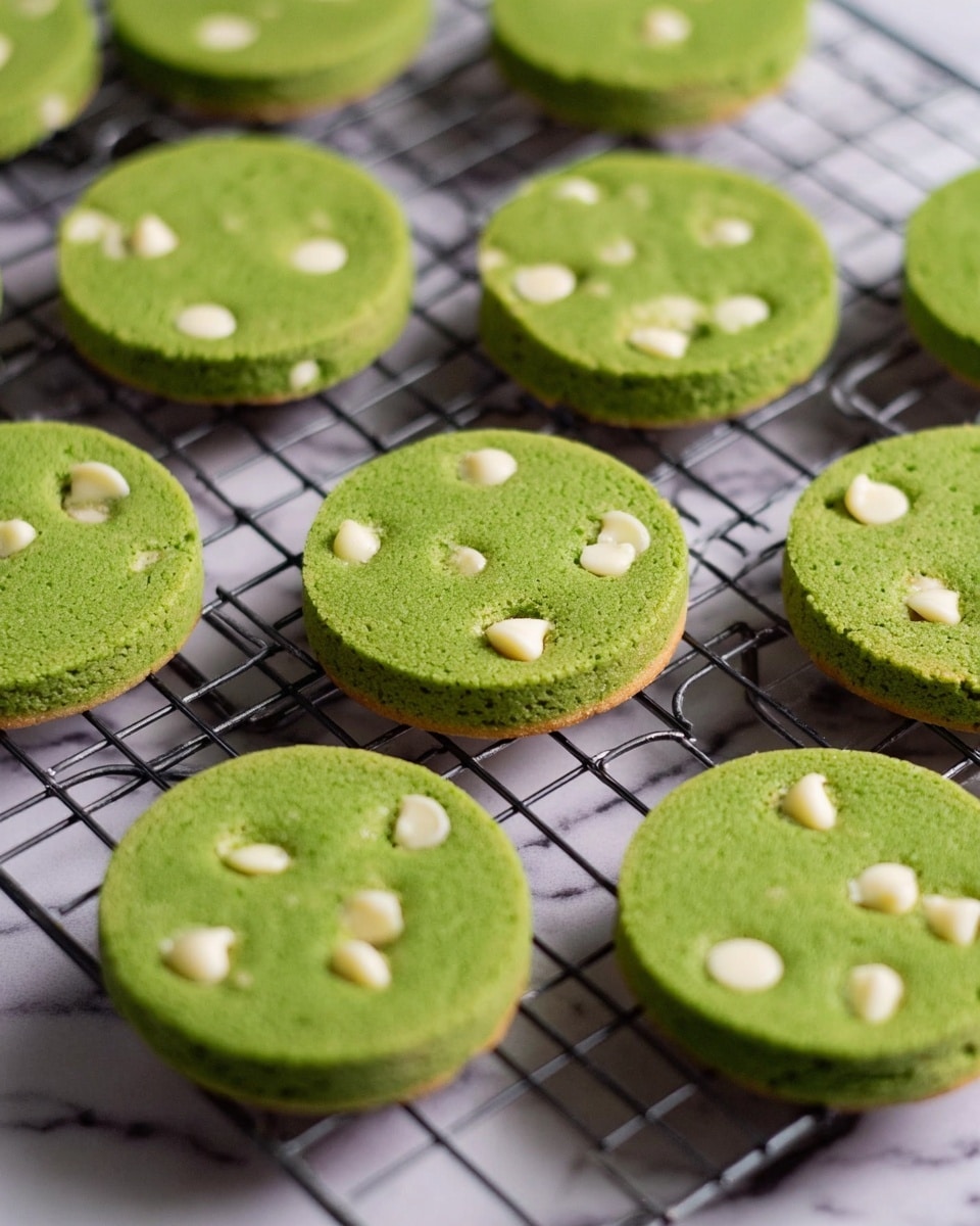 The image shows several round green cookies with white chips scattered inside them. They each have one layer with a smooth, matte texture and a slightly golden brown edge. The cookies are arranged in rows on a black cooling rack placed over a white marbled surface. The green color is bright and even, and the white chips contrast clearly against the cookie dough. The view is close-up and focuses mainly on the middle section of the cookies. photo taken with an iphone --ar 4:5 --v 7