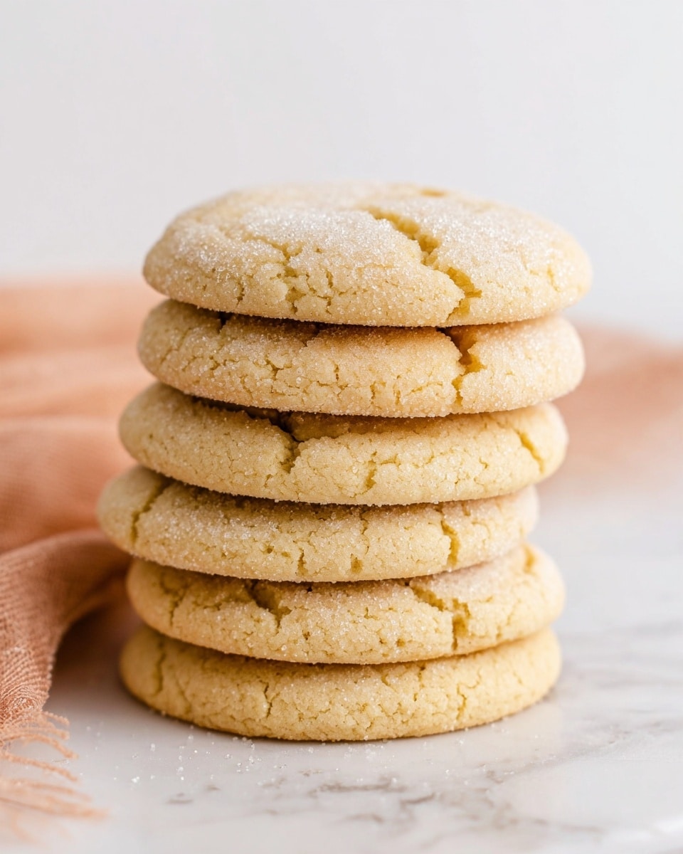 A stack of seven round cookies with a light golden color, showing a slightly cracked and sugar-dusted surface. The cookies have a soft, crumbly texture and are tightly stacked on a white marbled surface, with a soft peach-colored cloth partly visible on the left side. The background is plain white, making the stack of cookies the clear focus of the image. photo taken with an iphone --ar 4:5 --v 7