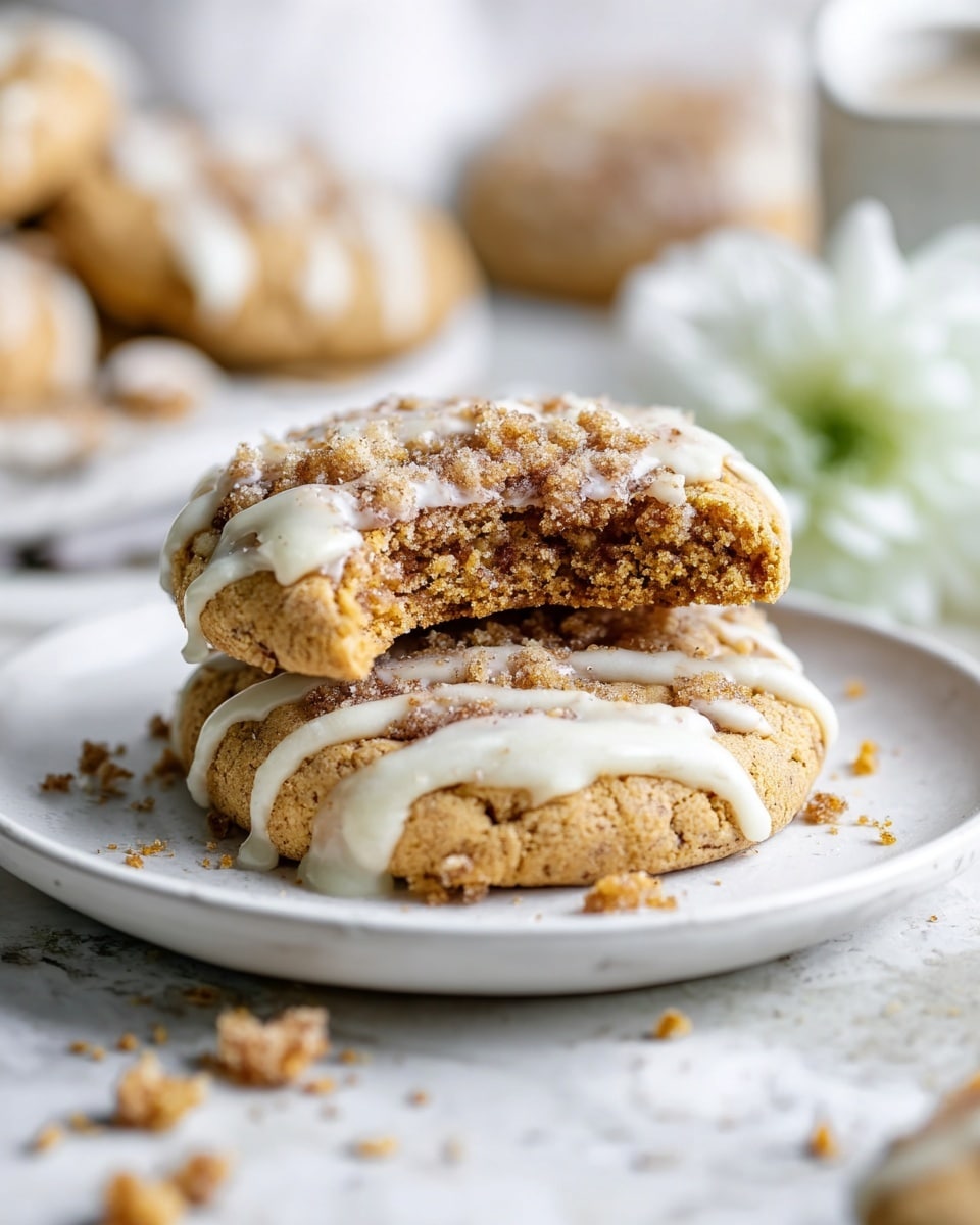 Two cookies are stacked on a white plate on a white marbled surface; the top cookie has its top half bitten off, showing a soft, crumbly inside with a cinnamon-colored filling and crumb topping. The cookies are golden brown with white icing drizzled across the surface, and small crumbs are scattered around the plate. In the blurry background, more cookies and a white flower can be seen. Photo taken with an iphone --ar 4:5 --v 7