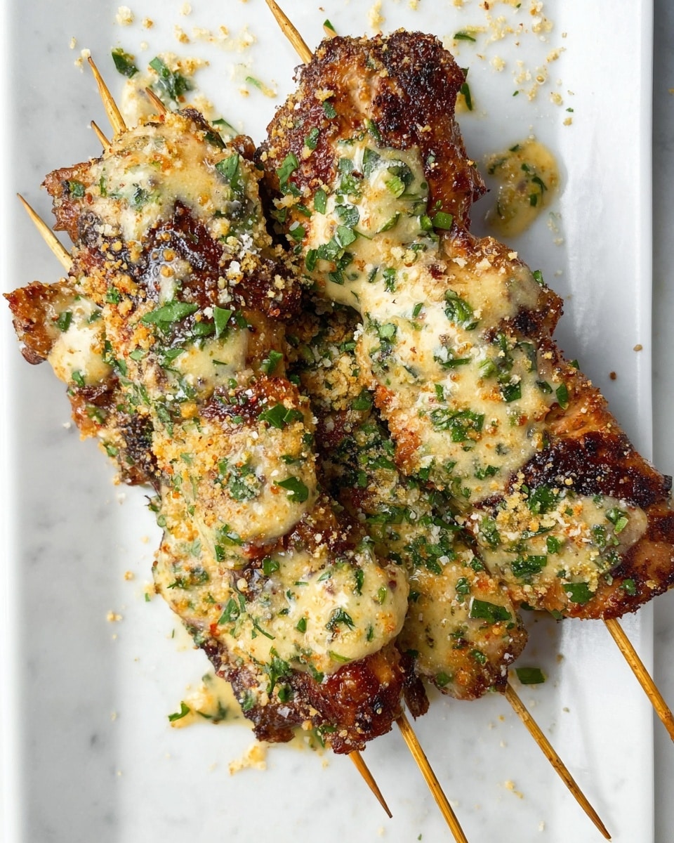 A close-up view of two golden brown grilled skewers with a crispy texture, laid on a white plate; the skewer in front is being brushed with a sauce made of finely chopped green herbs, bits of garlic, and small red chili flakes that glisten with oil, creating a shiny coating on the meat surface. The wooden skewer pierces through the pieces of meat, which show slight char marks and a moist, textured finish. In the background, the second skewer has a similar appearance but is untouched by the brush. The setting has a white marbled surface that enhances the warm colors of the food. Photo taken with an iphone --ar 4:5 --v 7