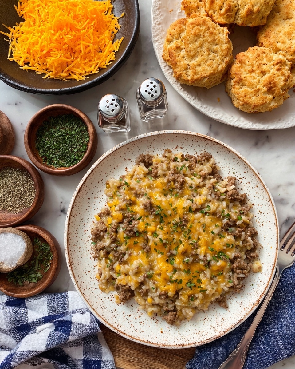 A white plate holds a dish of creamy casserole with three visible layers: the bottom layer is soft pasta pieces mixed with browned ground meat in a light sauce, the middle layer has melted yellow and white cheese blending smoothly, and the top layer is a sprinkle of chopped green herbs scattered softly. To the left, a black bowl filled with shredded bright orange cheese sits next to two small wooden bowls containing green herbs. Behind, part of a glass casserole dish filled with the same dish and a white plate with golden, round biscuits lined with a white marbled surface are visible. In front of the cheese bowl, some cheese shreds are spilled lightly on the surface photo taken with an iphone --ar 4:5 --v 7