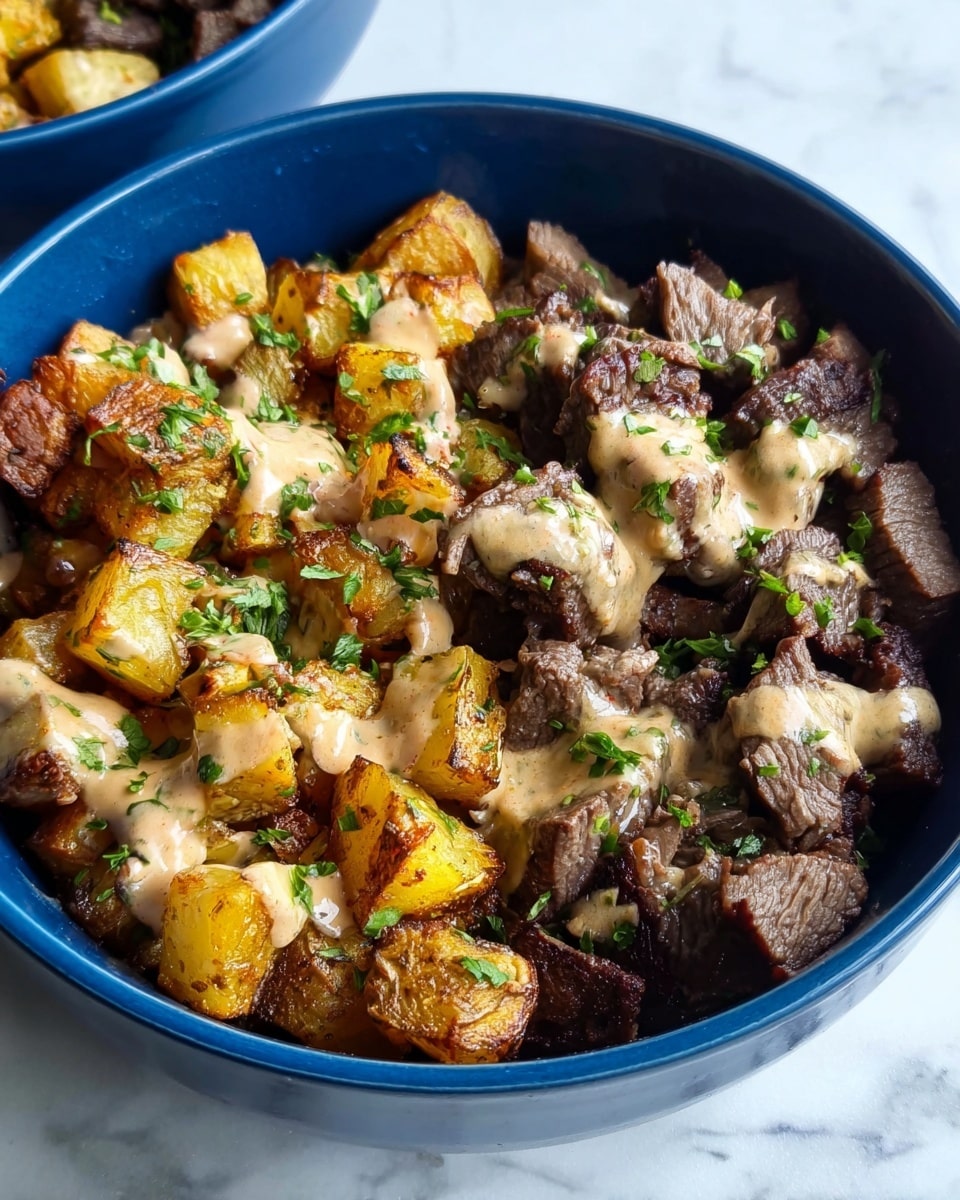 The image shows a white rectangular plate with three sections of food on a white marbled surface. The top left section has a pile of grilled potatoes covered with bright yellow melted cheese and small pieces of brown grilled mushrooms. The bottom right section is filled with small, evenly browned pieces of cooked beef, looking juicy and tender. A small white round cup with a creamy beige sauce sits on the left side of the plate near the beef and potatoes. In the background, there is a white bowl filled with a colorful salad made of green leafy vegetables, sprouts, and thinly sliced red and white vegetables with a fresh and crisp texture. Photo taken with an iphone --ar 4:5 --v 7