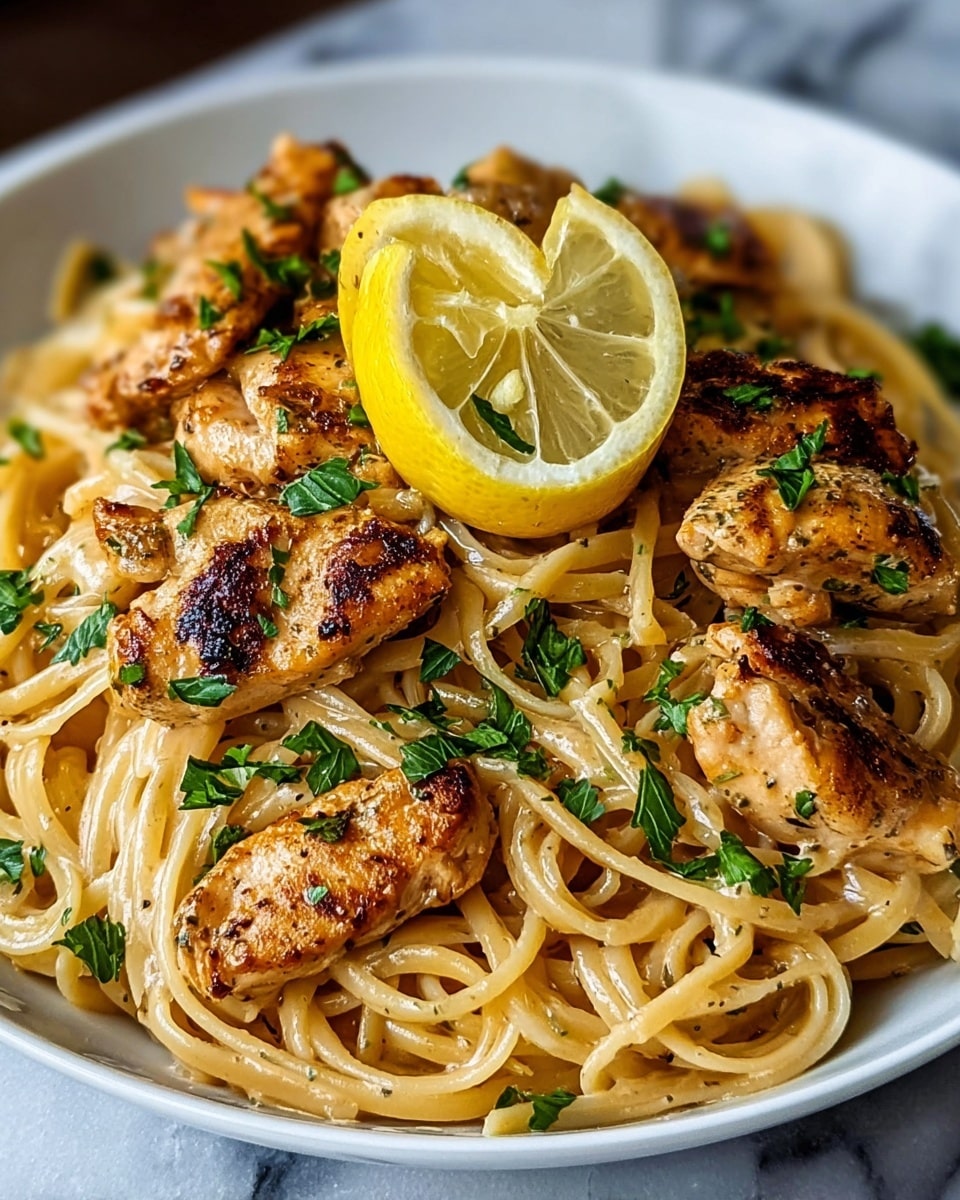 This image shows a close-up of a white bowl filled with creamy yellow pasta mixed with a smooth sauce, topped with several pieces of golden-brown cooked chicken. The chicken pieces are small cubes with a slightly crispy outside, sprinkled with small green parsley leaves. The pasta is long and round, coated evenly with the rich sauce. The background has a white marbled surface, keeping the focus on the warm and appetizing dish. photo taken with an iphone --ar 4:5 --v 7