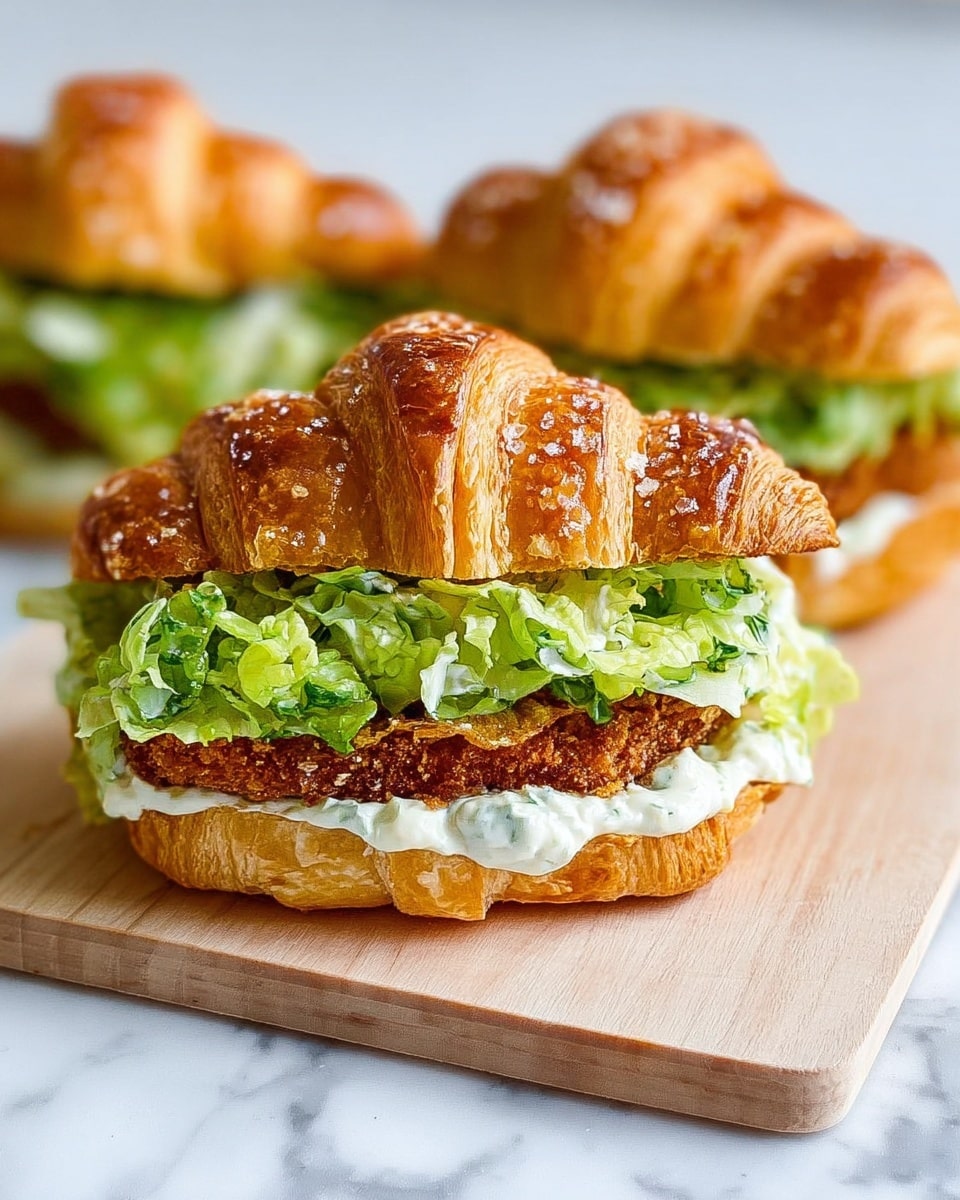 A close-up of a sandwich on a white croissant bun with a crispy golden-brown fried patty at the bottom layer, topped with fresh green lettuce mixed with creamy white dressing, all placed on a light wooden cutting board against a white marbled surface. The croissant top is flaky and sprinkled with crumbs, showing its golden, slightly toasted texture, with two more similar sandwiches blurred in the background. photo taken with an iphone --ar 4:5 --v 7