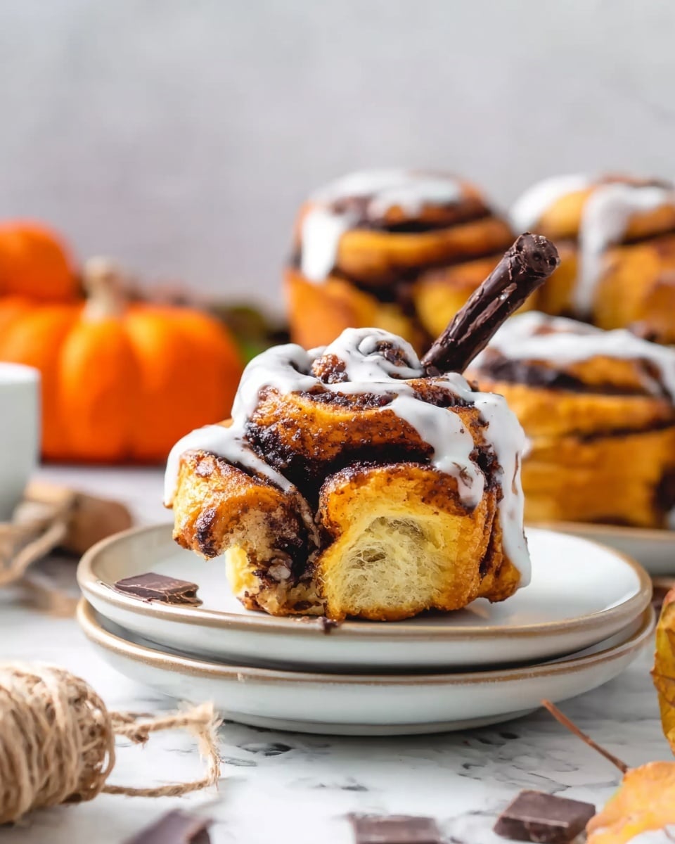 The image shows several flower-shaped baked buns with a golden-brown color, each having a dark cinnamon or chocolate swirl inside their layers. The buns are arranged on parchment paper over a white marbled surface. The layers of the buns are thick and fluffy with a shiny glaze on top. Each bun has a round, dark cinnamon stick placed vertically in the center. White icing is drizzled across the top in thin strips on each bun, adding contrast to the warm tones. In the bottom right corner, one bun sits on a white plate with a thin gold rim, accompanied by a silver fork. Photo taken with an iphone --ar 4:5 --v 7