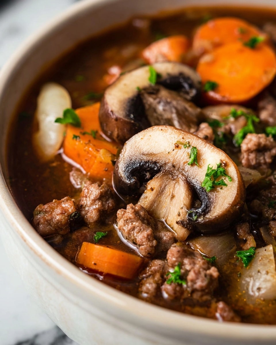 A close-up view of a white ceramic pot filled with a rich stew featuring large brown mushrooms at the top layer, surrounded by chunks of bright orange carrots and scattered green parsley leaves. Below the mushrooms and carrots, there is a layer of cooked ground meat mixed with translucent onion pieces, all sitting in a deep brown broth. The pot rests on a white marbled surface, highlighting the warm and rustic colors of the stew, photo taken with an iphone --ar 4:5 --v 7