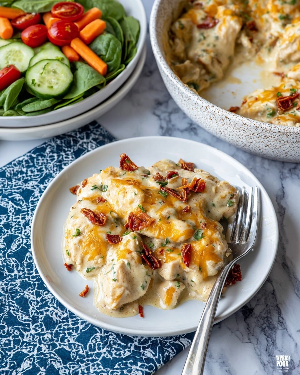 This dish is shown in a white speckled pot with two side handles, sitting on a blue and white patterned cloth over a white marbled surface. The dish has three main layers: the bottom layer is creamy white sauce with herbs mixed in, the middle layer consists of chunky pieces of pale beige chicken coated in the creamy sauce, and the top layer is a melted golden yellow and orange cheese covering the chicken, sprinkled with small crispy reddish-brown bacon bits and green parsley pieces. A wooden spoon lifts a portion of the dish, showing the layered texture and creamy sauce dripping off the chicken. The overall look is warm, creamy, and hearty. photo taken with an iphone --ar 4:5 --v 7