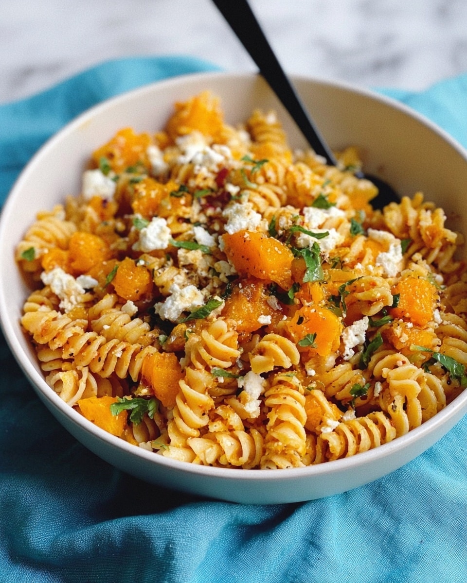 A white bowl filled with layers of spiral pasta mixed with bright orange chunks of cooked squash, topped with small dollops of crumbly white cheese and sprinkled with fresh green herb leaves. A black fork is placed inside the bowl, leaning slightly to the side. The bowl sits on a white marbled surface with a soft blue cloth partially visible under it. The dish looks colorful with a mix of creamy, soft, and slightly textured elements, inviting and warm. photo taken with an iphone --ar 4:5 --v 7