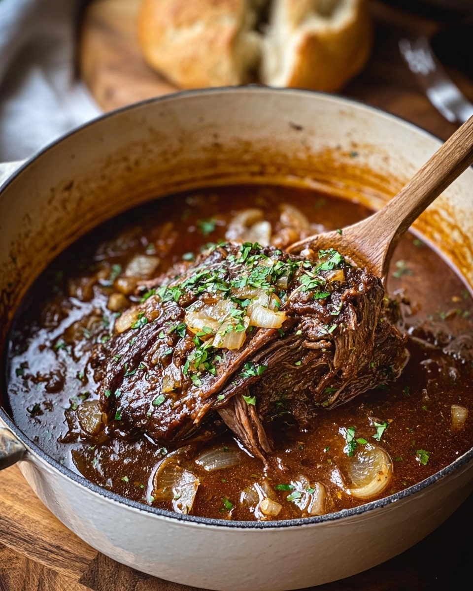 A large piece of slow-cooked meat sits in the center of a white pot filled with dark brown rich sauce. The meat is covered with small bits of cooked onions and fresh green herbs, while whole onion pieces are scattered around it in the sauce. A wooden spoon rests inside the pot, lifting part of the meat. The pot is placed on a wooden surface, with blurred bread in the background. Photo taken with an iphone --ar 4:5 --v 7