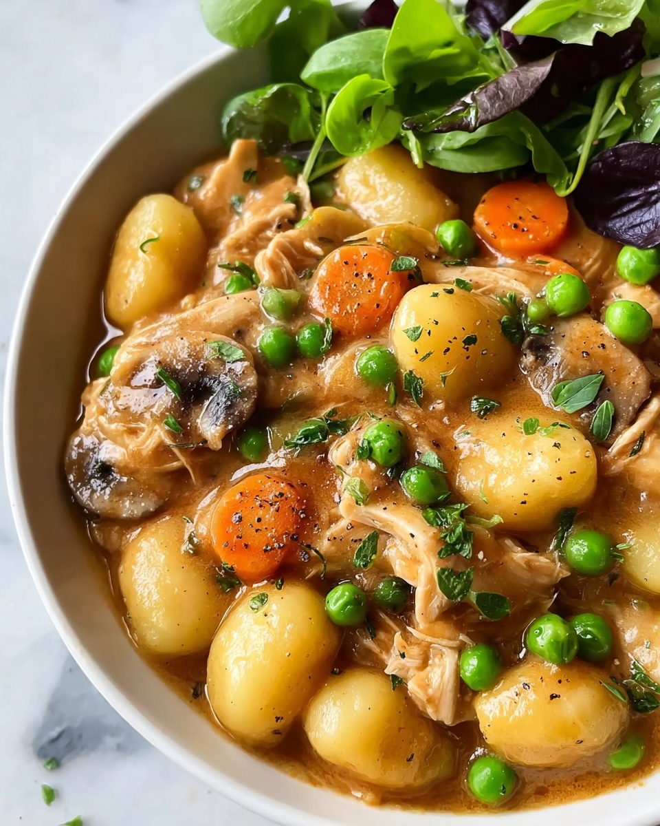 A white bowl filled with a thick stew-like dish featuring four main layers of ingredients: golden, soft gnocchi as the base layer, bright green peas scattered throughout, slices of brown mushrooms placed on top and around the gnocchi, and chunks of shredded chicken mixed in, with slices of orange carrots adding color. The dish is covered in a shiny, light brown sauce with visible specks of black pepper and green herbs sprinkled all over. The bowl sits on a white plate, all placed on a white marbled surface with some green leafy vegetables partly visible in the background. Photo taken with an iphone --ar 4:5 --v 7