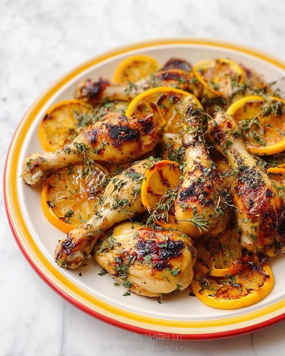 The image shows a close-up of several roasted chicken pieces layered closely together in a dish, each piece golden-brown with crisped skins and sprinkled with herbs and spices. Thin slices of bright orange citrus fruits are tucked between the chicken pieces, some with slightly charred edges adding a mix of yellow and orange tones. Thin slices of purple onion are scattered around, giving a touch of color contrast. The juices from the chicken and citrus create a glossy, slightly oily surface, enhancing the rich texture of the roasted ingredients. The whole scene is set against a white marbled texture. photo taken with an iphone --ar 4:5 --v 7