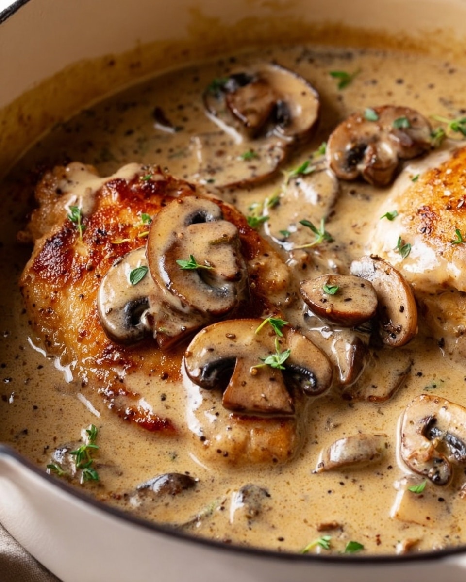 The image shows two golden brown chicken pieces at the bottom layer, covered by a thick, creamy light brown mushroom sauce that fills the middle layer. On top of the sauce are several sliced mushrooms, which are a darker brown with a smooth texture, scattered evenly across the chicken. Small green herb leaves are sprinkled on top, adding a fresh pop of color over the sauce. The dish is inside a cream-colored pot with dark rims, visible around the edges. The texture of the sauce looks rich and smooth with specks of black pepper throughout. photo taken with an iphone --ar 4:5 --v 7