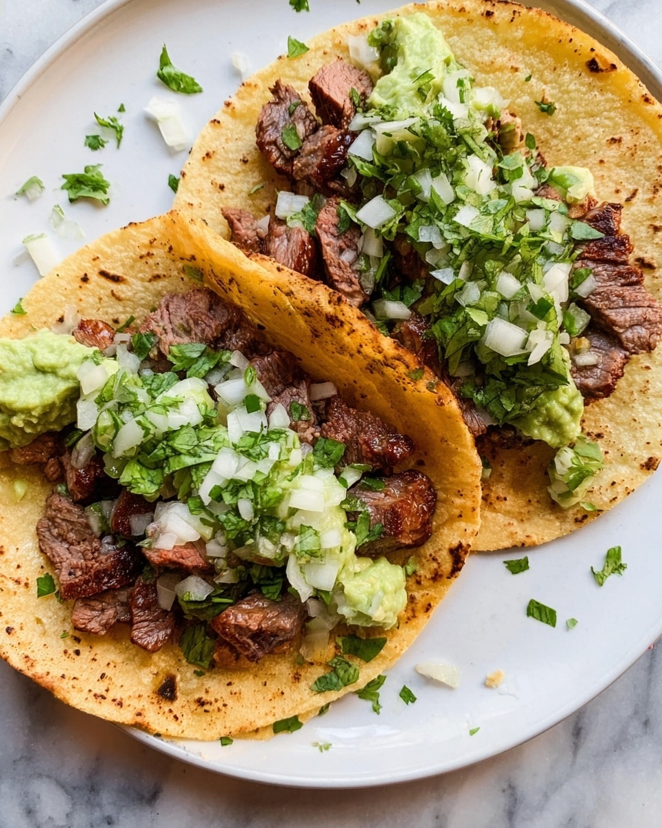The image shows three small white corn tortillas on a white plate with a blue rim, placed on a wooden surface. Each tortilla has a base layer of light brown, grilled meat pieces that look tender and slightly charred. On top of the meat is a layer of finely chopped white onions and green cilantro, adding a fresh and vibrant touch. A creamy, light green sauce is spread unevenly over the tortillas, blending with the chopped herbs and meat. The tortillas have some browned spots from cooking, showing a slightly crisp texture. The plate sits on a white marbled surface. photo taken with an iphone --ar 4:5 --v 7