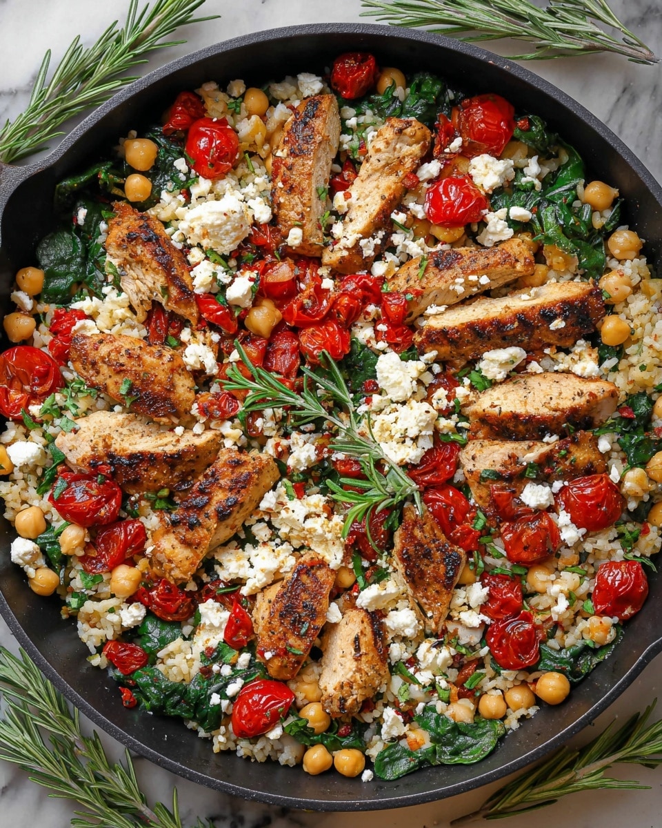 A black pan filled with a colorful mix of food layers on a white marbled surface. The bottom layer is fluffy cooked rice mixed with small chickpeas scattered throughout. Above that, there are vibrant green spinach leaves and creamy white chunks of cheese spread evenly. Red cherry tomatoes, some whole and some sliced in half, add bright pops of color throughout. The top layer is made of golden brown grilled chicken strips placed on top in a scattered pattern. Fresh green herbs are used as garnish, adding a fresh look to the dish. Photo taken with an iphone --ar 4:5 --v 7
