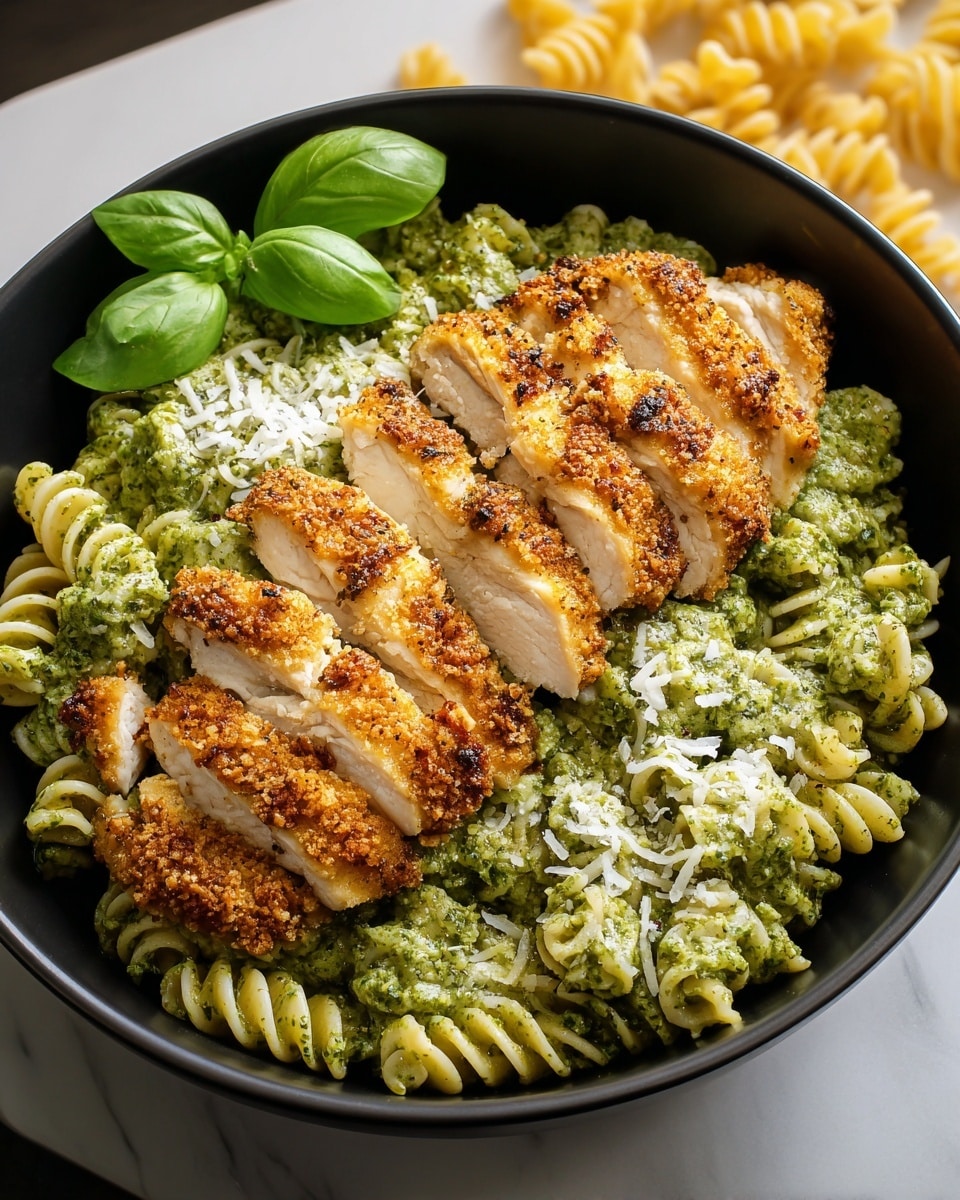 The dish shows a layer of light green pasta spirals coated evenly with a creamy green pesto sauce, filling most of a round white bowl. On top, there is a sliced golden-brown crispy meat with a crunchy texture, arranged neatly in the center covering about half the pasta. Some white grated cheese is sprinkled over the meat and pasta, and a few fresh bright green basil leaves are placed at the back edge for garnish. The bowl sits on a white marbled surface with out-of-focus pasta and leaves in the background. photo taken with an iphone --ar 4:5 --v 7