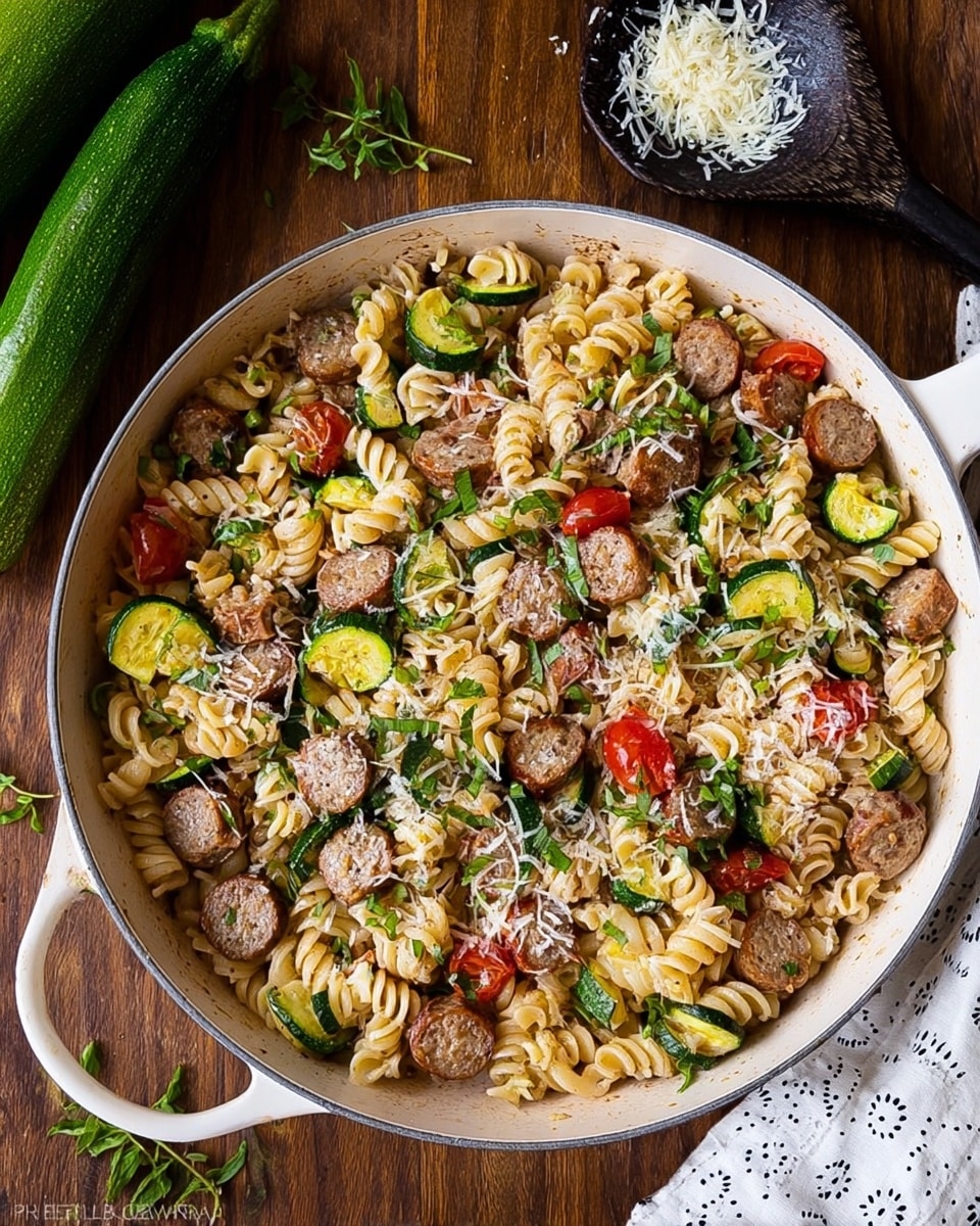 A large white pot filled with three main layers: the bottom layer holds light brown pasta with ruffled edges, the middle layer contains round, browned sausage slices and green zucchini pieces cut into thick half-moons, and the top layer includes halved bright red cherry tomatoes and chopped fresh green herbs scattered across. The dish is sprinkled lightly with grated cheese. The pot rests on a wooden surface with a whole green zucchini in the background and a black measuring spoon with some cheese near the pot handle. A white cloth with small black prints is placed in the top right corner. Photo taken with an iphone --ar 4:5 --v 7