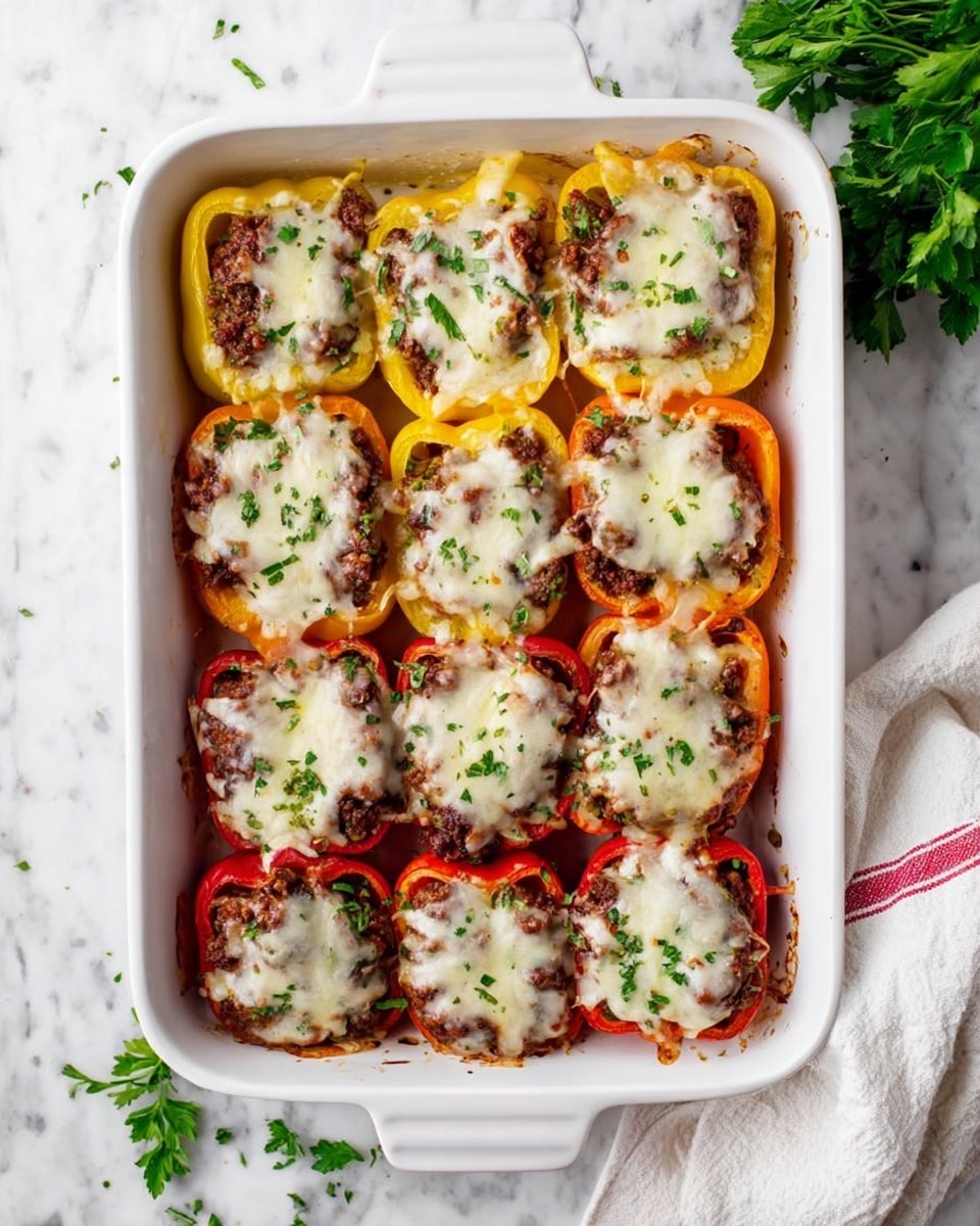 The dish shows a white enamel baking tray with three rows of stuffed bell pepper halves arranged neatly. The top row has orange bell pepper halves filled with a brown meat mixture, topped with melted white cheese sprinkled with green chopped herbs. The middle row has yellow and orange peppers filled similarly, with slightly browned melted cheese oozing around the edges. The bottom row contains red bell pepper halves with the same filling and melted cheese layer. The tray is placed on a white marbled surface, with a white cloth with a red stripe on the right side and scattered green herbs around. Photo taken with an iphone --ar 4:5 --v 7