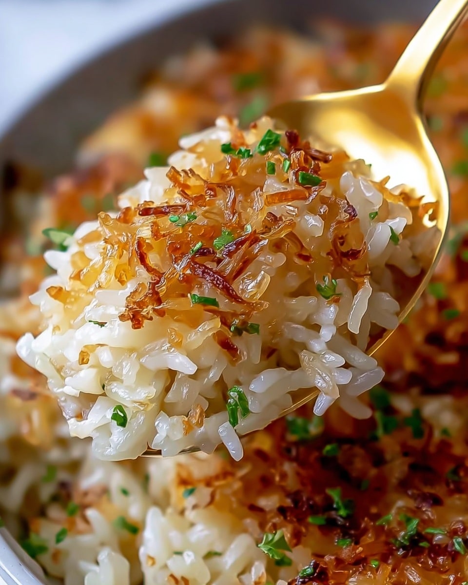 A close-up view of one layer of cooked rice topped with golden-brown caramelized onions and small green herb pieces, all scooped up on a shiny golden spoon. The rice grains are white and translucent with a mix of crispy browned bits, creating a crunchy texture on top. The background shows more rice and onions inside a bowl with a white marbled texture surface. photo taken with an iphone --ar 4:5 --v 7