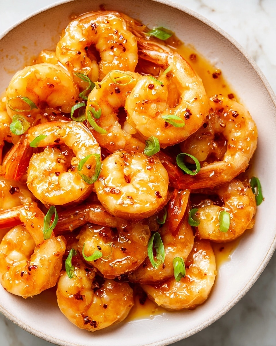 The dish shows a bowl full of cooked shrimp layered evenly, each shrimp glazed with a shiny golden-orange sauce that looks sticky and slightly thick. The shrimp are light pink with some browning from cooking and have small green onion slices sprinkled on top, adding a bright green color contrast. The bowl is white, and the background is a smooth white marbled texture, making the shrimp and sauce colors stand out clearly. photo taken with an iphone --ar 4:5 --v 7