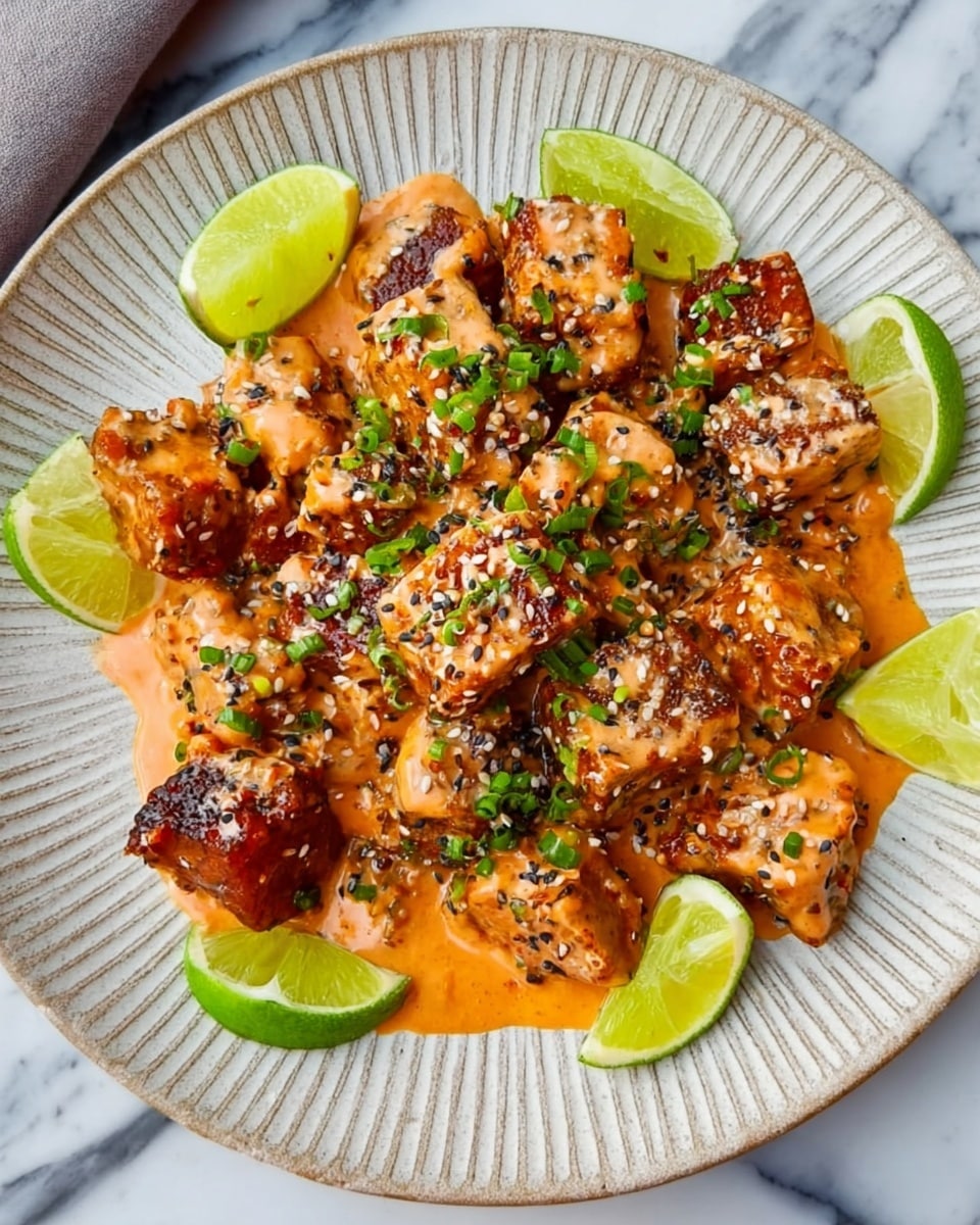 The image shows a dish in a round metal pan filled with a layer of white rice at the bottom. On top of the rice, there are several pieces of grilled chicken covered with a light brown sauce, garnished with small chopped green onions and sprinkled with black and white sesame seeds and red chili flakes. A green lime wedge is placed on the right side of the pan. The pan is on a white marbled surface. Photo taken with an iphone --ar 4:5 --v 7