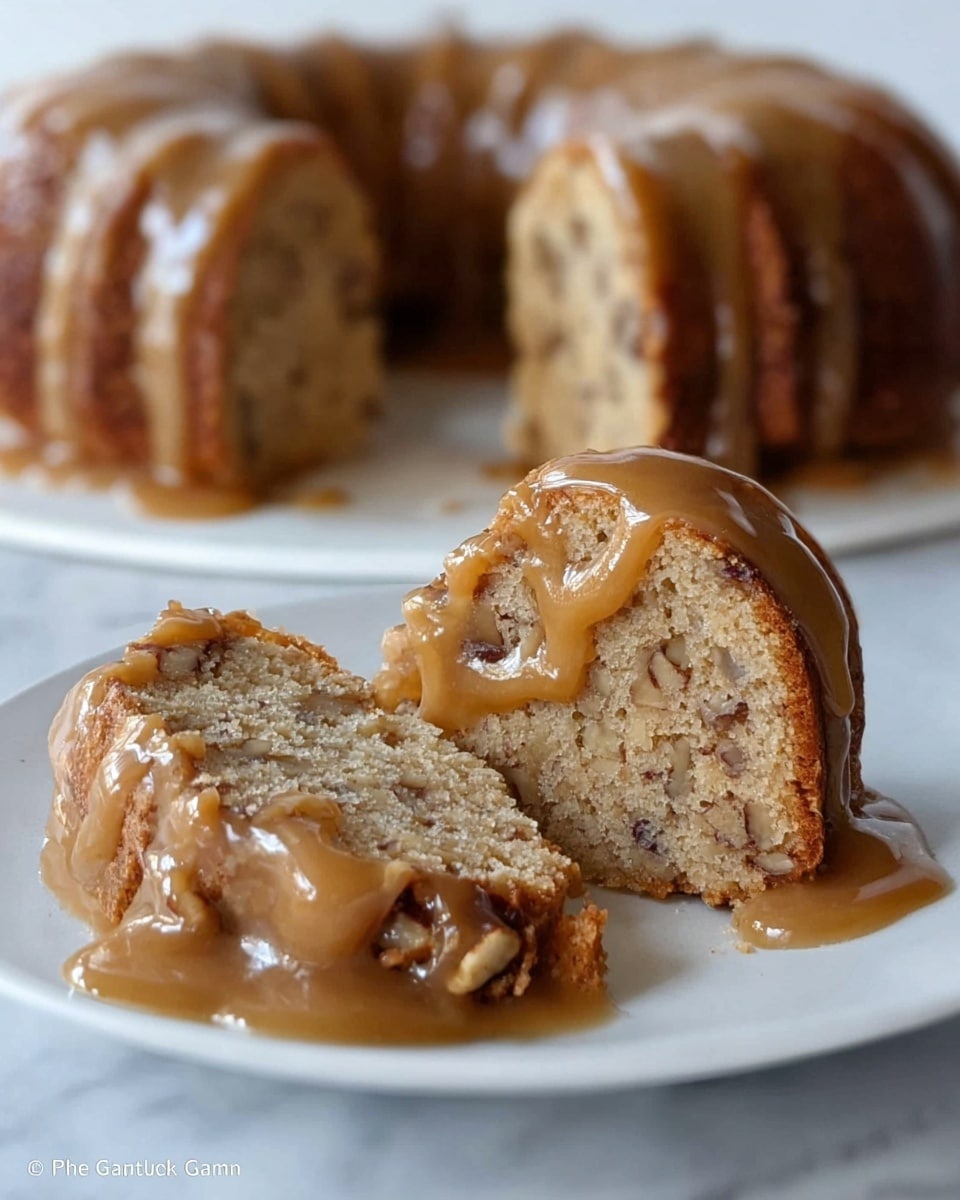 A sliced bundt cake with a light brown color showing small nut pieces inside, each slice covered with a thick, shiny caramel-colored glaze that drips slightly down the sides. The whole cake sits in the background with a similar glaze, on a white plate placed on a white marbled surface. The texture of the cake looks soft and moist, with the glaze smooth and slightly sticky. Photo taken with an iphone --ar 4:5 --v 7