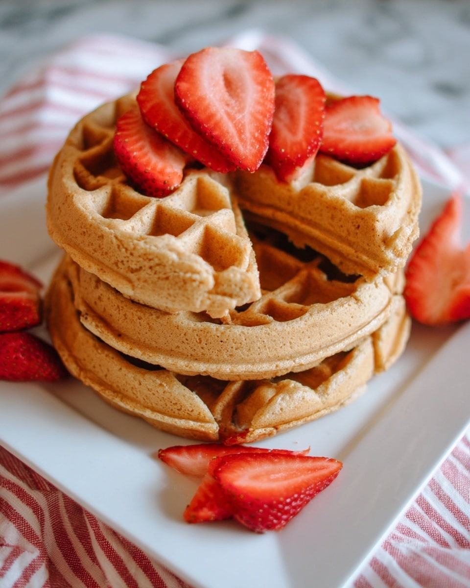 A stack of three thick brown waffles with visible bits of red fruit or jam spread inside between each layer, topped with two fresh red strawberry halves. The waffles sit on a white plate that also has a few strawberry pieces around its base. A white cloth with red stripes is draped casually around the plate on a white marbled surface. The texture of the waffles is crispy and slightly rough with pockets of melted filling visible between the layers. Photo taken with an iphone --ar 4:5 --v 7