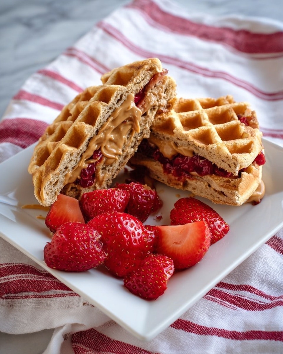 A stack of three round waffles is placed in the center of a white square plate on a white marbled surface with a red and white striped cloth under it. Each waffle is golden brown with a textured grid pattern and looks thick and fluffy. The waffles are layered one on top of another with the top waffle cut into quarters, arranged slightly spread out on top of the stack. Fresh strawberry slices with bright red color and white inner flesh are scattered around the plate and placed on the top waffle quarters. The overall look is warm and inviting, focusing on the waffle texture and fresh strawberries. photo taken with an iphone --ar 4:5 --v 7