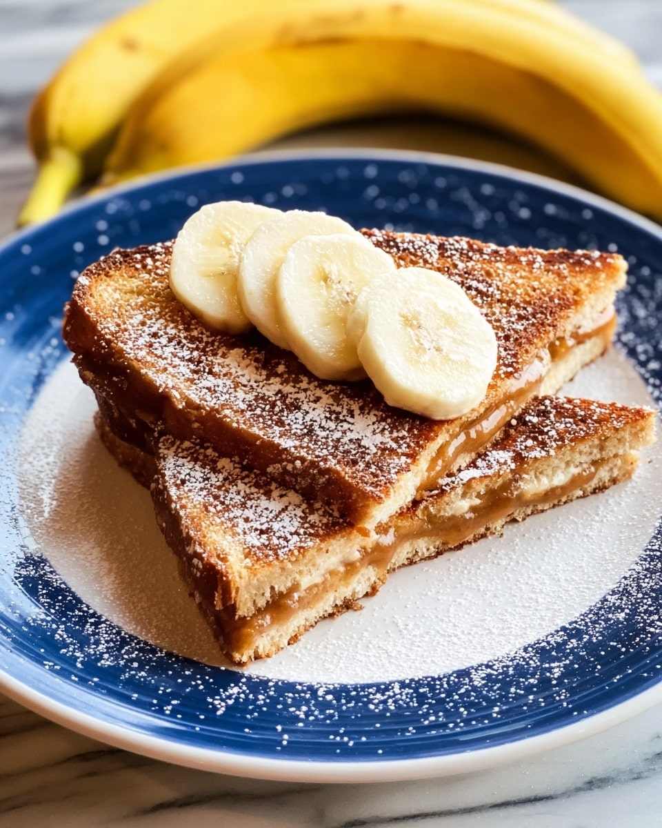 Two triangular pieces of golden brown sandwich sit stacked slightly off center on a white plate. The sandwich bread is toasted with a textured, crispy surface and oozing a light brown spread between the layers. Three beige slices of banana are arranged on top of the sandwich. Light white powdered sugar is sprinkled over the sandwich and plate. The plate rests on a white marbled surface with two whole yellow bananas positioned in the background. Photo taken with an iphone --ar 4:5 --v 7