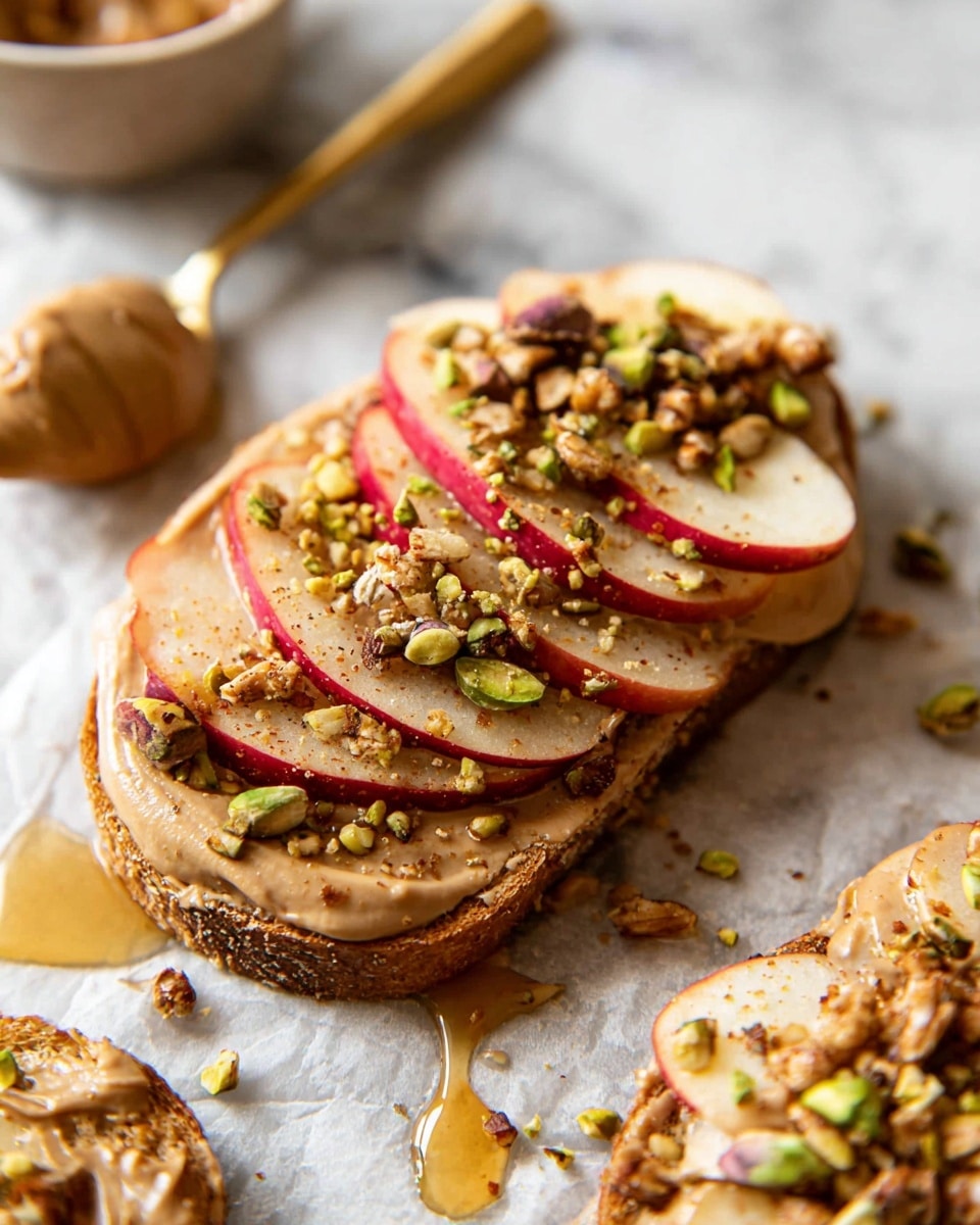 The image shows an open piece of round toasted bread with a smooth, thick layer of light brown nut butter spread evenly on top. On top of the nut butter are several thin slices of red apple, arranged in a slightly fanned-out way from the center to one side. Over the apples, there is a sprinkling of green pistachio pieces and clusters of granola with nuts, adding texture and color. Light drips of golden honey are visible around the toast on the white marbled surface underneath. In the background, a golden spoon with more nut butter rests slightly out of focus. The overall look is fresh, textured, and colorful with warm, natural tones photo taken with an iphone --ar 4:5 --v 7