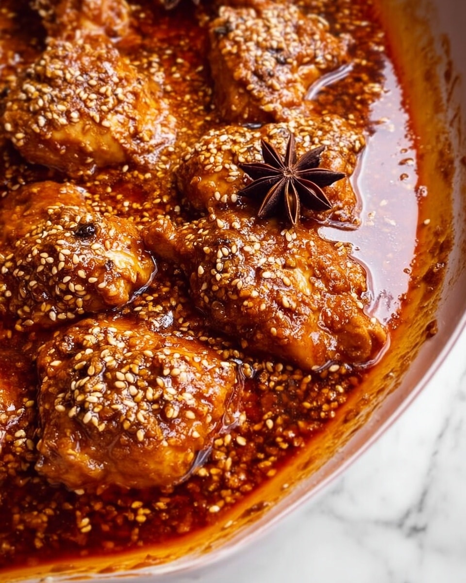 The image shows several pieces of cooked meat covered in a thick, glossy reddish-brown sauce with a smooth texture, sprinkled generously with light tan sesame seeds. In the center of the image, there is a single star anise adding a decorative touch. The meat pieces appear tender and slightly browned on top, sitting in a shallow pool of rich sauce that reflects light, creating highlights. The background surface is a white marbled texture. photo taken with an iphone --ar 4:5 --v 7