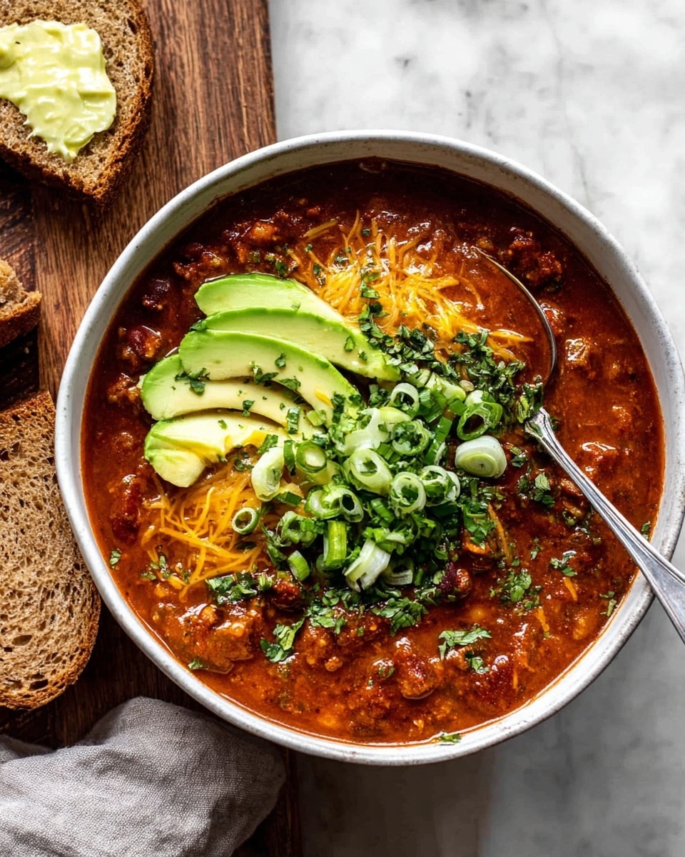 A green bowl filled with a thick stew made of brown ground meat mixed with darker kidney beans and small green vegetable pieces, lightly covered with melted orange-yellow shredded cheese mostly on the right side. On top, a generous layer of bright green chopped spring onions spreads over both the meat and cheese. A silver spoon rests inside the bowl on the right edge. The bowl sits on a light brown cloth napkin atop a wooden surface. Nearby, a small white bowl holds more green spring onions, and some yellow cheese shreds scatter slightly out of focus. Photo taken with an iphone --ar 4:5 --v 7