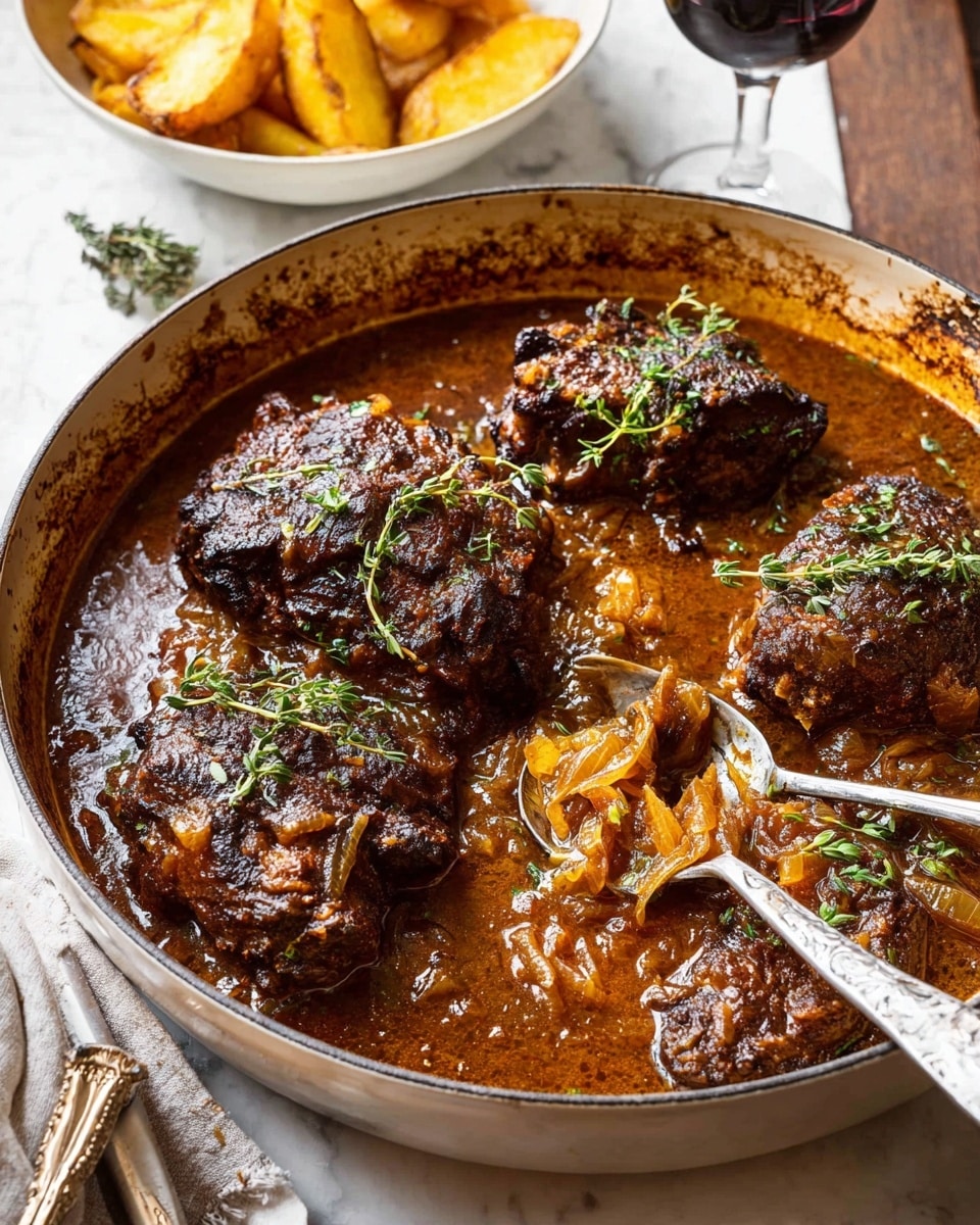 A white deep pan holds four large pieces of dark brown cooked meat with a crispy texture, sitting in a thick, caramel-colored sauce filled with chunks of cooked onions. The meat is sprinkled with small fresh green herbs, mostly thyme leaves. Two silver forks rest in the pan, partially submerged in the sauce between the meat pieces. In the background, there is a white bowl with golden potato wedges on a white marbled surface. photo taken with an iphone --ar 4:5 --v 7