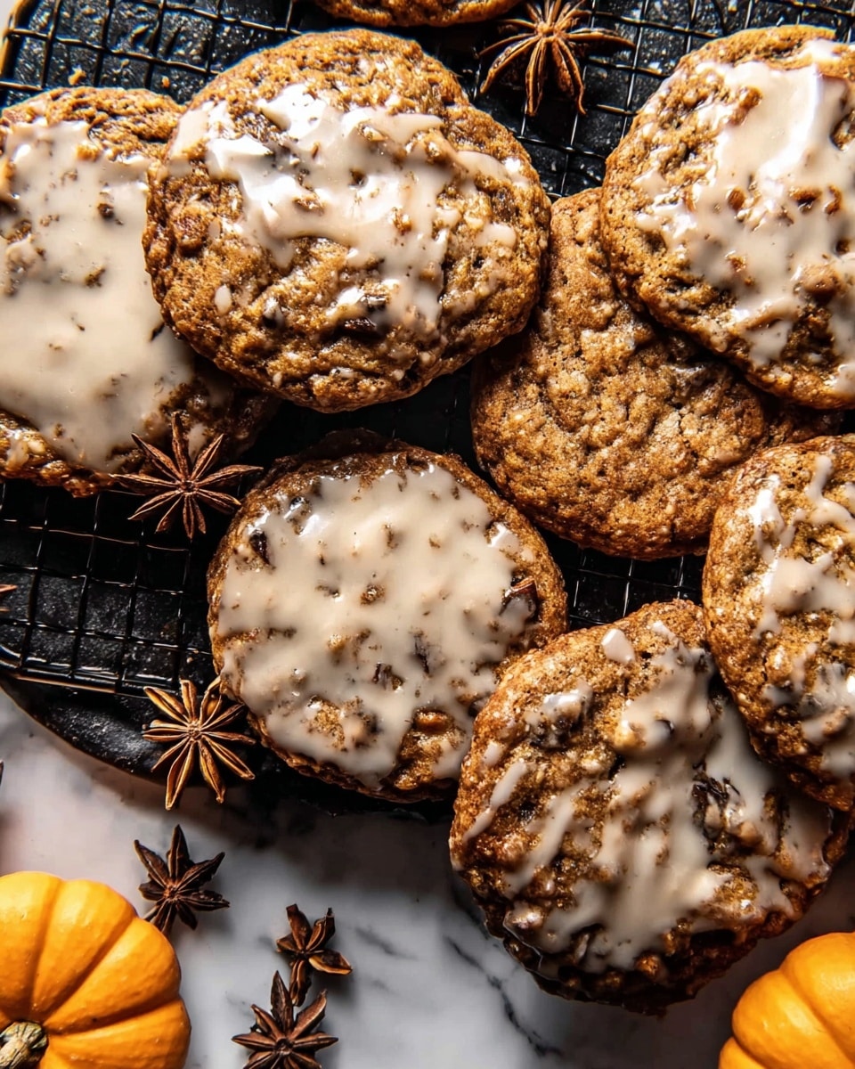 The image shows a close-up of several round brown cookies with a rough texture, each topped with a light beige glaze that looks smooth and slightly uneven. The cookies are placed closely on a black cooling rack with thin metal lines running diagonally. Around the cookies, there are whole cinnamon sticks and star anise spices adding a warm, autumn feel. The background is a white marbled surface that brightens the scene. The cookies have some small coarse salt sprinkled on top, adding texture and detail. photo taken with an iphone --ar 4:5 --v 7