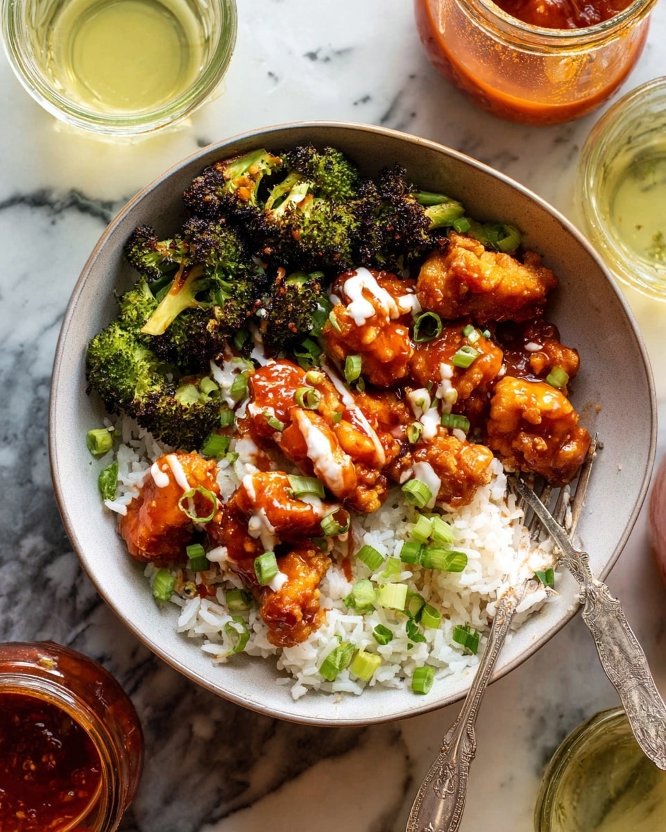 On a white bowl with a speckled texture, there is a bed of white rice as the base layer, scattered with charred green broccoli on top and around the edges. Over the rice and broccoli, crispy brown chicken pieces coated in a glossy reddish-brown sauce form a thick middle layer. The dish is garnished with small, bright green chopped scallions sprinkled on top. A few drops of the sauce are visible on the rice and bowl rim. The bowl sits on a white marbled surface with a fork placed at the upper right inside the bowl and glass and spoon partially visible nearby. Photo taken with an iphone --ar 4:5 --v 7