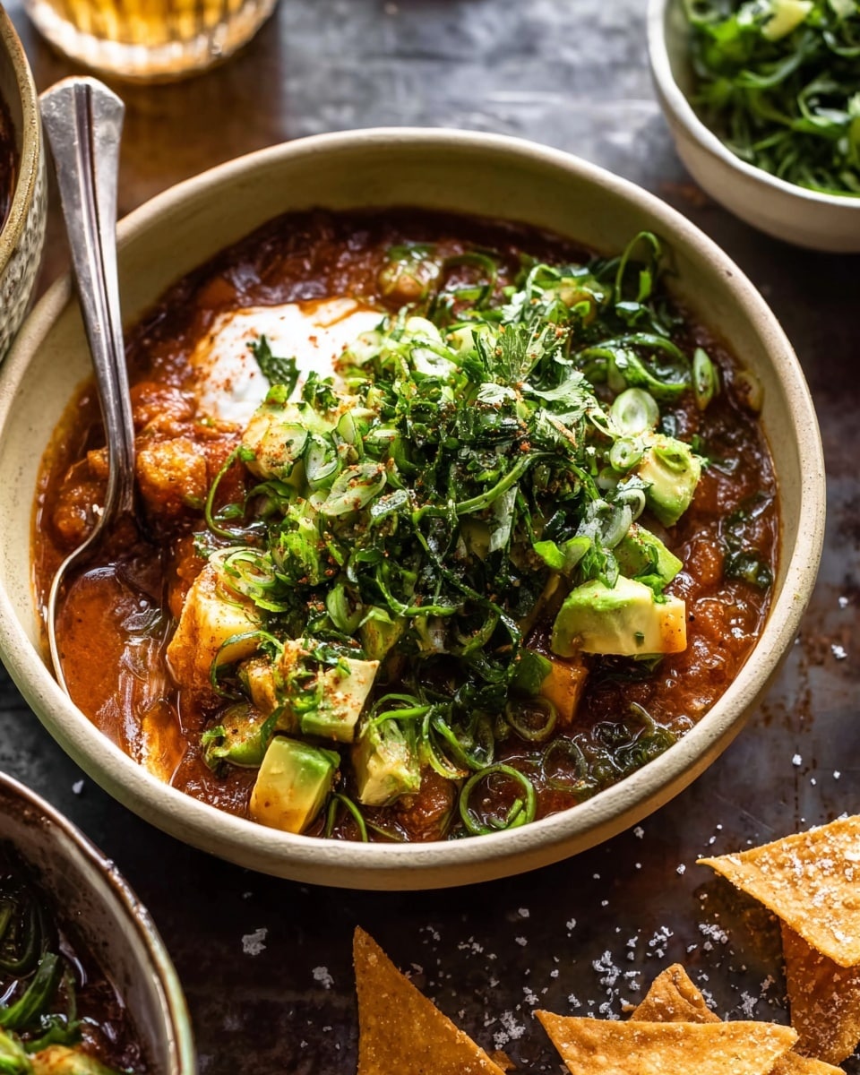 The image shows a close-up of a creamy, thick stew filled with bright yellow corn, black beans, shredded chicken, and small pieces of red peppers, all mixed in a rich, orange-brown sauce with visible green herbs sprinkled throughout. A silver spoon lifts a large scoop of the stew, emphasizing its thick texture and the mix of colorful ingredients dripping slowly back into a clear container. The background features a white marbled surface and a woman's hand is holding the spoon. The overall dish looks hearty and smoothly blended photo taken with an iphone --ar 4:5 --v 7