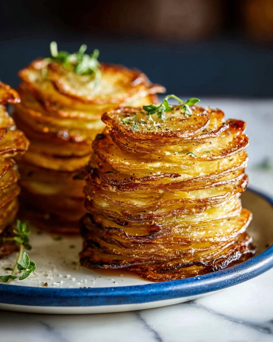 The image shows two tall stacks of thin, golden-brown potato slices layered tightly on top of each other, forming small towers with crispy edges and a slightly shiny texture from cooking oil or butter. Each stack is about eight to ten layers high, with some crispy darker spots and a few green herb leaves on the top for garnish. The stacks sit close together on a white plate with a blue rim which rests on a white marbled surface. The background is softly blurred to keep focus on the potatoes in the front. Photo taken with an iphone --ar 4:5 --v 7