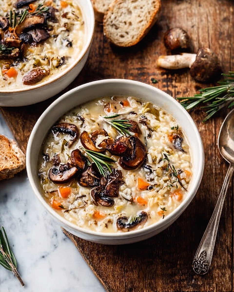 A white bowl filled with creamy soup that has visible cooked grains, small orange and green vegetable pieces, and herbs mixed in. On top, several browned mushrooms with textured caps are scattered, along with sprigs of fresh rosemary. The soup surface shows a slight froth and oily shine in some spots. A silver spoon rests inside the bowl on the right edge. The bowl is placed on a dark wooden surface with a blurred cloth visible in the background. photo taken with an iphone --ar 4:5 --v 7