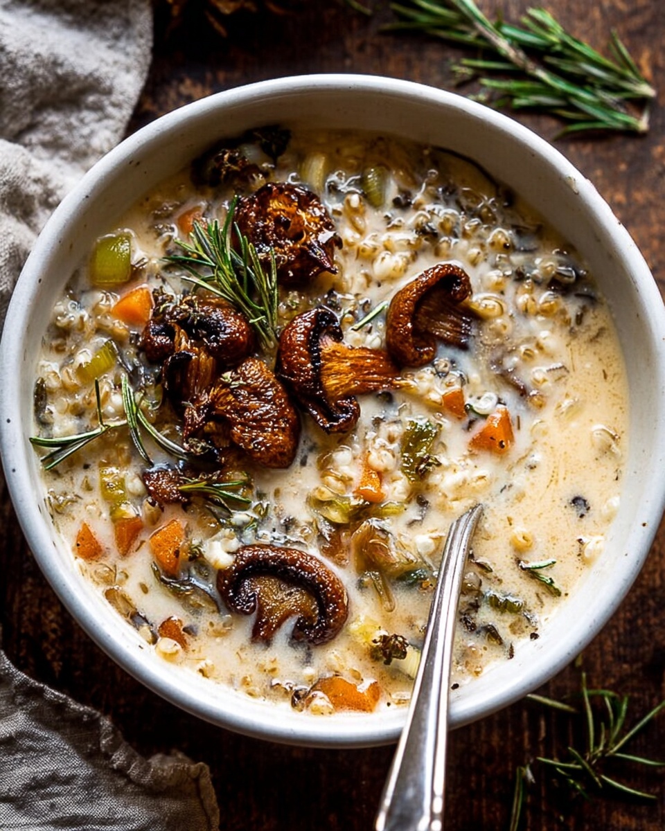 The image shows a bowl filled with creamy soup on a white marbled surface. The soup has several layers of ingredients: at the bottom, it has a thick, creamy light beige broth with visible pieces of orange carrots and rice grains. On the top layer, there are several browned mushrooms and sprigs of dark green rosemary placed for garnish. The bowl is white and round, sitting on a textured wooden board with a silver spoon next to it and a piece of rustic bread in the corner. Another bowl of the same soup is partially visible on the left side of the image. Photo taken with an iphone --ar 4:5 --v 7