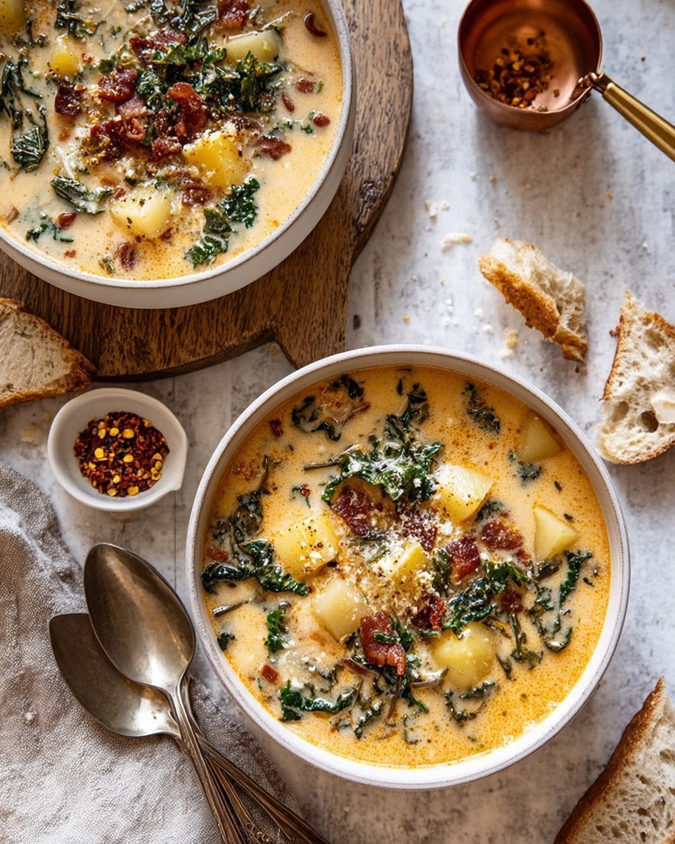 Two white bowls filled with thick creamy soup sit on a table with a white marbled texture. The soup has light beige broth with chunks of yellow potatoes, green kale leaves, small brown bits of meat, and some diced onions spread throughout. One silver spoon is inside the front bowl, partially submerged, while another spoon with a long handle rests on the table beside the back bowl. Crusty torn pieces of bread are placed near the top and bottom edges. A small white bowl with red chili flakes and herbs is on the left side, and a round copper pot with a brass handle is on the right. Photo taken with an iphone --ar 4:5 --v 7