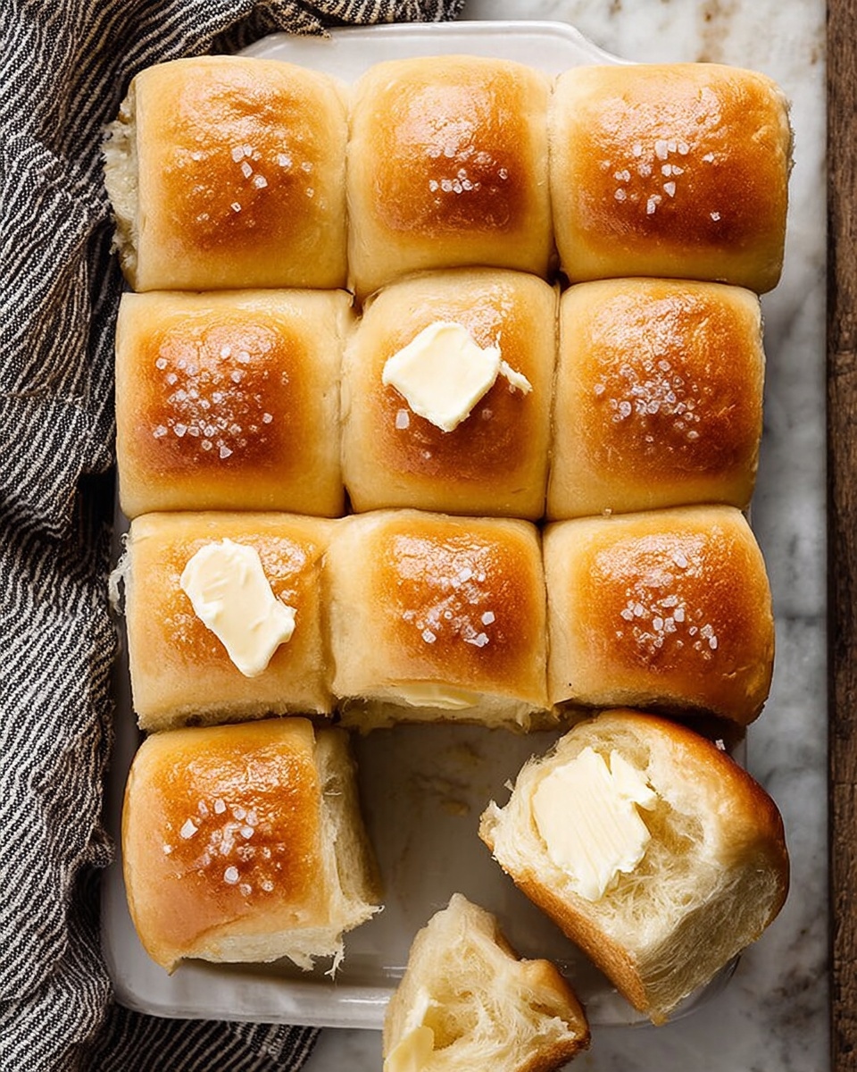 The image shows a white square baking dish filled with nine soft golden-brown rolls arranged in three rows and three columns, each roll with a slightly shiny top and a sprinkling of coarse salt, two of the rolls have a dollop of creamy butter melting on top, one roll is pulled apart showing the fluffy inside, and a piece of roll with butter is placed beside the dish on a white marbled surface with a striped cloth in the background, photo taken with an iphone --ar 4:5 --v 7