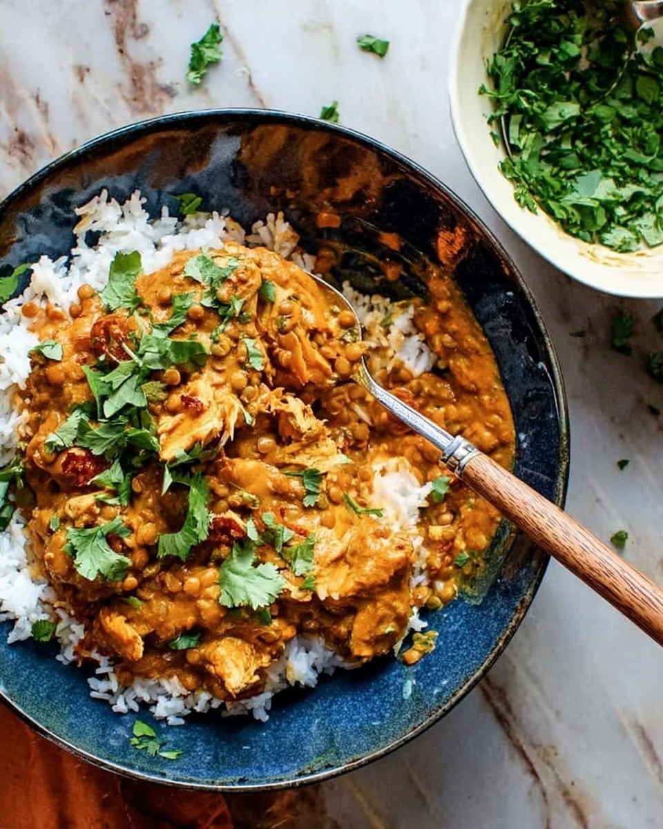 A white bowl filled with three main layers: at the bottom, a soft, light beige flatbread with slight brown spots, on top a layer of white fluffy rice, and covered by a thick, orange-brown curry sauce with visible chunks of meat and mushrooms. The dish is topped with chopped fresh green herbs scattered over the curry. A wooden-handled fork and an ornately decorated spoon rest on the right edge of the bowl. The bowl is set on a white marbled surface with a red bowl of fresh greens blurred in the background. Photo taken with an iphone --ar 4:5 --v 7
