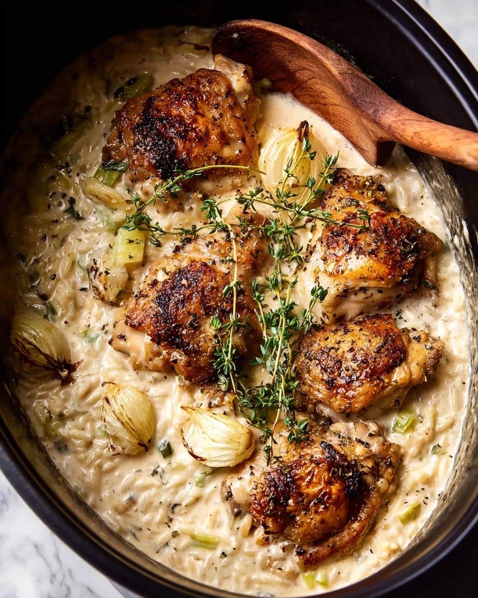 The dish is shown inside a black cooking pot, filled with four browned chicken pieces on top of a creamy, light beige mixture that looks like rice or orzo. The creamy base has scattered green vegetable pieces and some roasted small onions, placed between the chicken. Tiny black pepper bits are sprinkled over the chicken, and fresh green sprigs of thyme and oregano rest on top for garnish. A wooden spoon with notes of sauce clings to its surface, sitting in the corner inside the pot. The background is a white marbled texture photo taken with an iphone --ar 4:5 --v 7