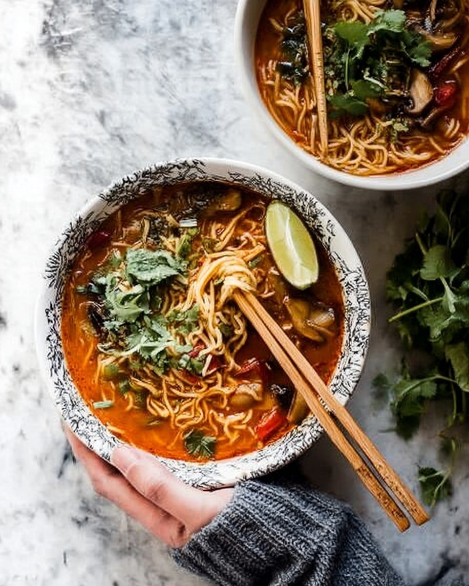 A close-up image of a white bowl with a blue pattern on the rim, filled with hot ramen noodles in a rich orange-red broth. The dish has several layers: at the base is the thick broth, topped with light brown noodles twisted together in the center, held by wooden chopsticks resting on the bowl’s rim. Floating on the surface are slices of lime and green herbs adding a fresh touch, along with scattered pieces of thinly sliced mushrooms and bits of pink meat. In the background, a partial view of another similar bowl with chopsticks also holds the same soup. The whole scene is set on a white marbled surface. photo taken with an iphone --ar 4:5 --v 7
