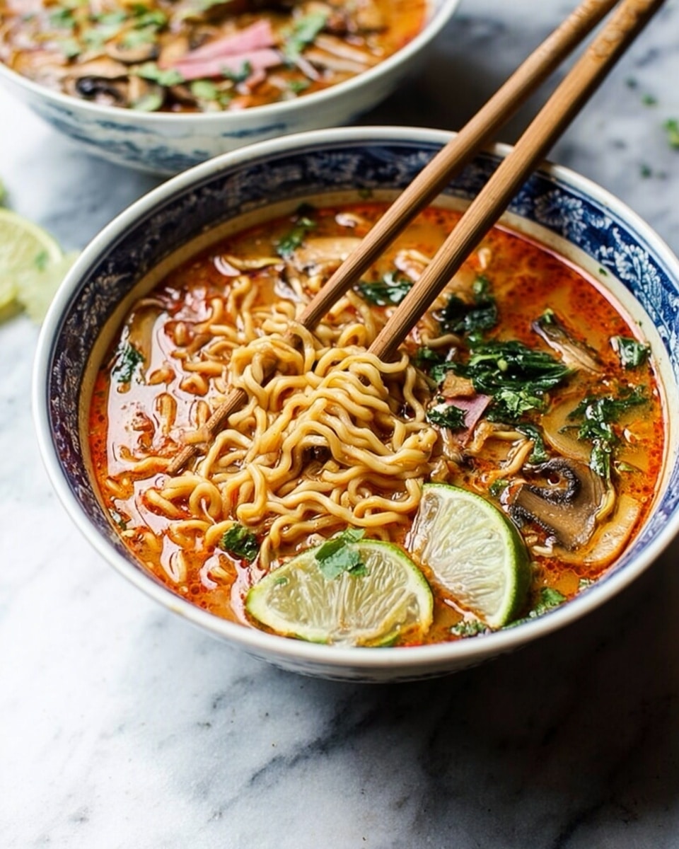 The image shows two white bowls filled with a rich, red-orange broth with noodles floating in it. Each bowl has a lime wedge resting on top, along with fresh green herbs and chopped nuts scattered over the surface. The noodles are light tan and slightly curled, mixed in the broth giving a textured look. On the right side of both bowls, a pair of chopsticks with blue and white details rests on the bowl edges. The bowls are placed on a white marbled surface with scattered green herbs and nuts around them, adding a fresh touch. The photo looks vibrant and appetizing. photo taken with an iphone --ar 4:5 --v 7