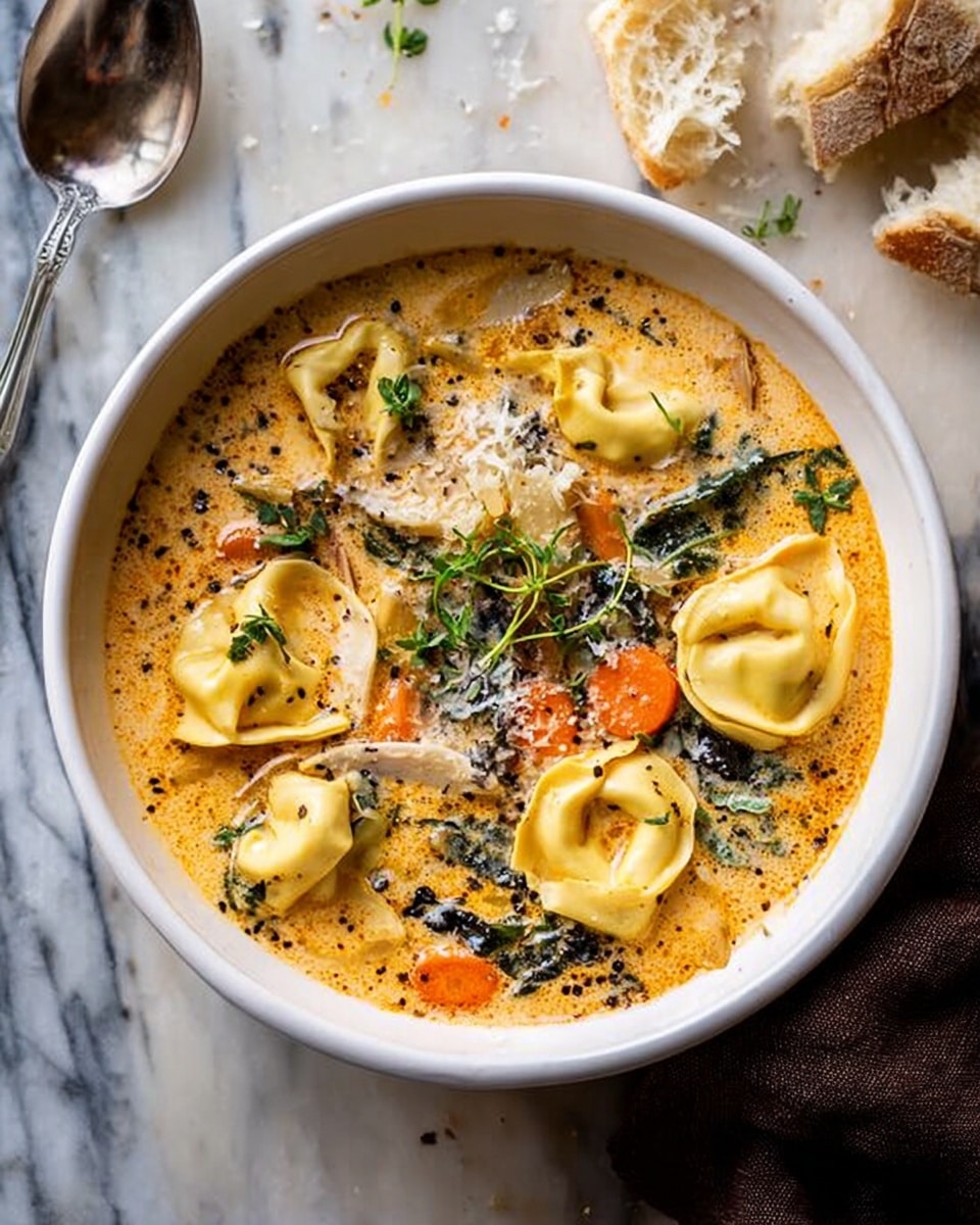 The image shows a white bowl filled with tortellini soup, placed on a white marbled surface. The soup has clear broth with pieces of green leafy kale, orange carrot slices, and yellow tortellini pasta. There are thin shavings of white cheese sprinkled on top with small green herb sprigs for garnish. A silver spoon rests on the right side inside the bowl. In the background, there is a blurred plant in a small pot and two pieces of crusty bread on the marbled surface. A woman's hand with a dark cloth sleeve is partially visible near the bottom right corner. Photo taken with an iphone --ar 4:5 --v 7